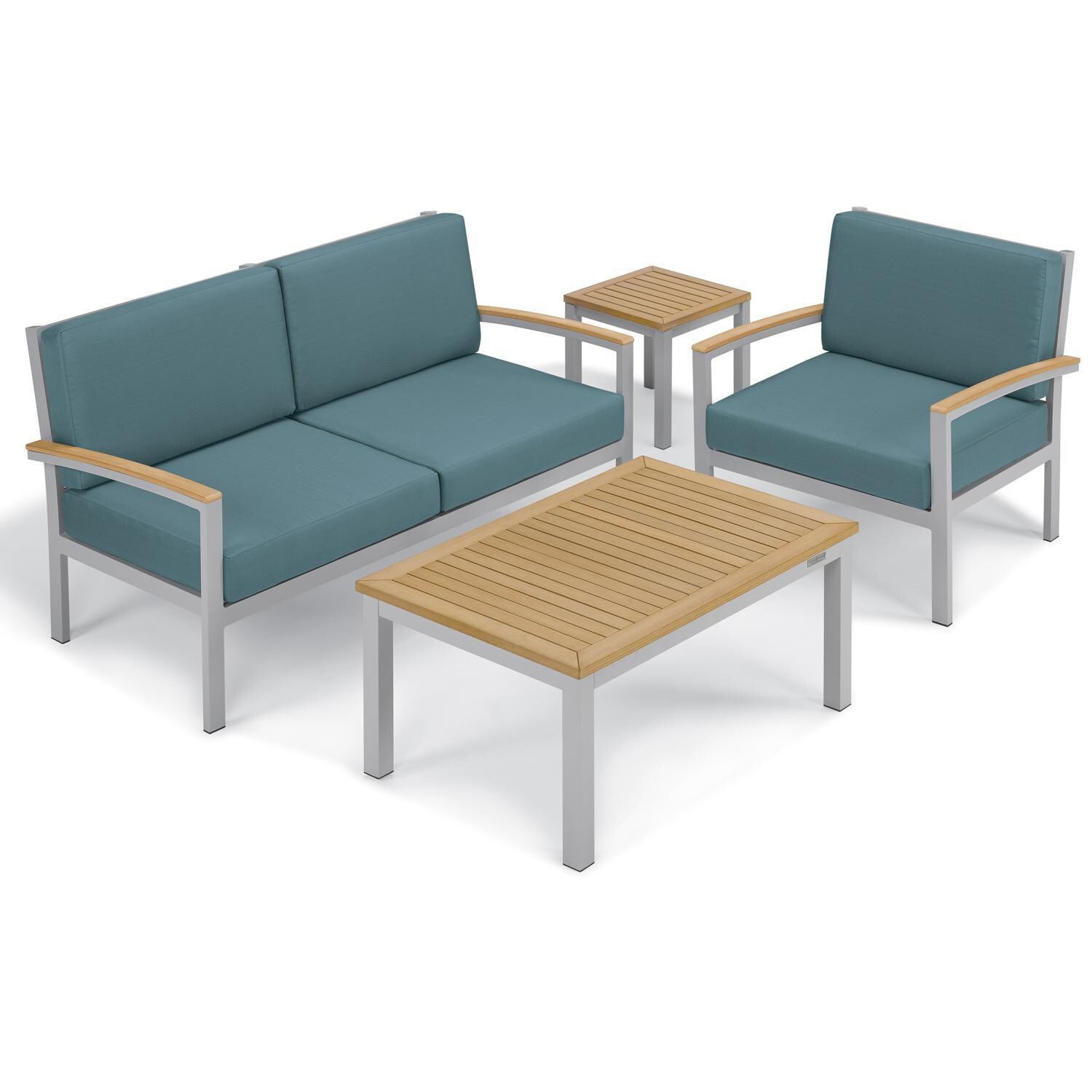 Oxford Garden Travira Aluminum Club Chair W/ Natural Tekwood Arm Caps in Flint/Ice Blue - Seating Set thumbnail