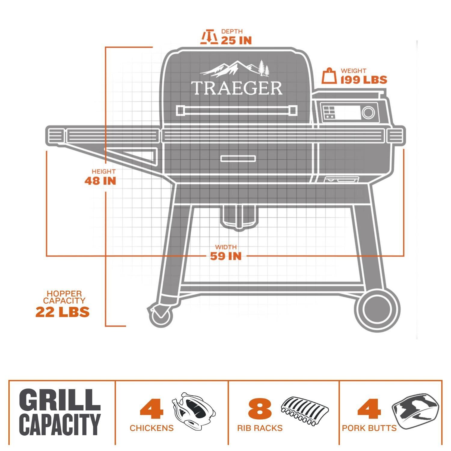 Traeger TFB61RLG Ironwood Wood Pellet Grill W/ Pop-And-Lock Accessory Rail - Dimensional thumbnail