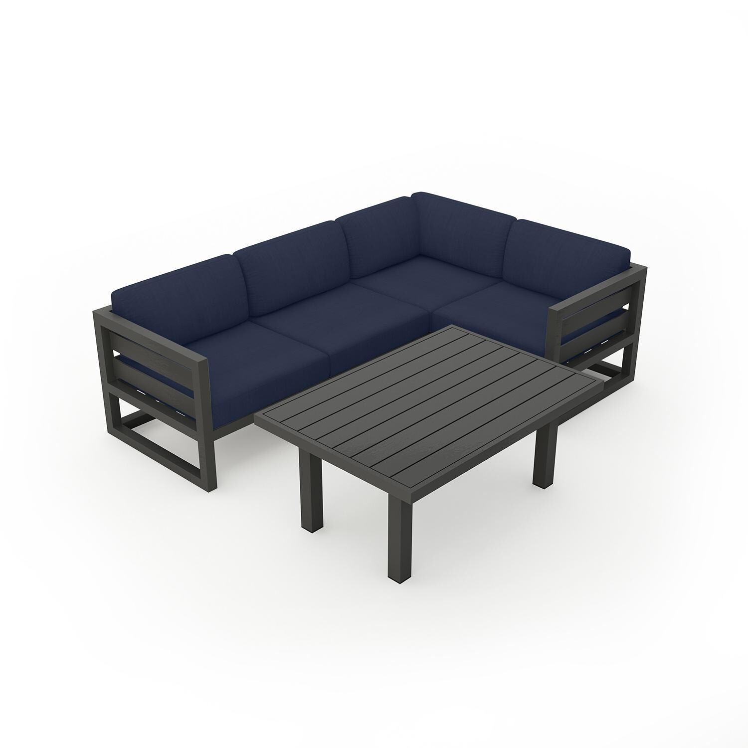 Misty Cove 5 Piece Sectional Set in Slate w/Chat Table & Spectrum Indigo Cushions by Lakeview - Top Angle View - White Background thumbnail