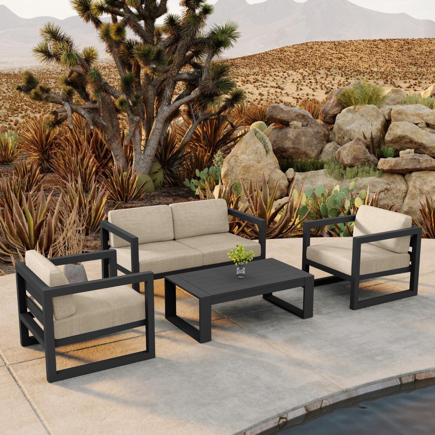 Misty Cove 4 Pc Aluminum Seating Set w/ Portal Coffee Table Slate/Canvas Flax by Lakeview Outdoor Designs