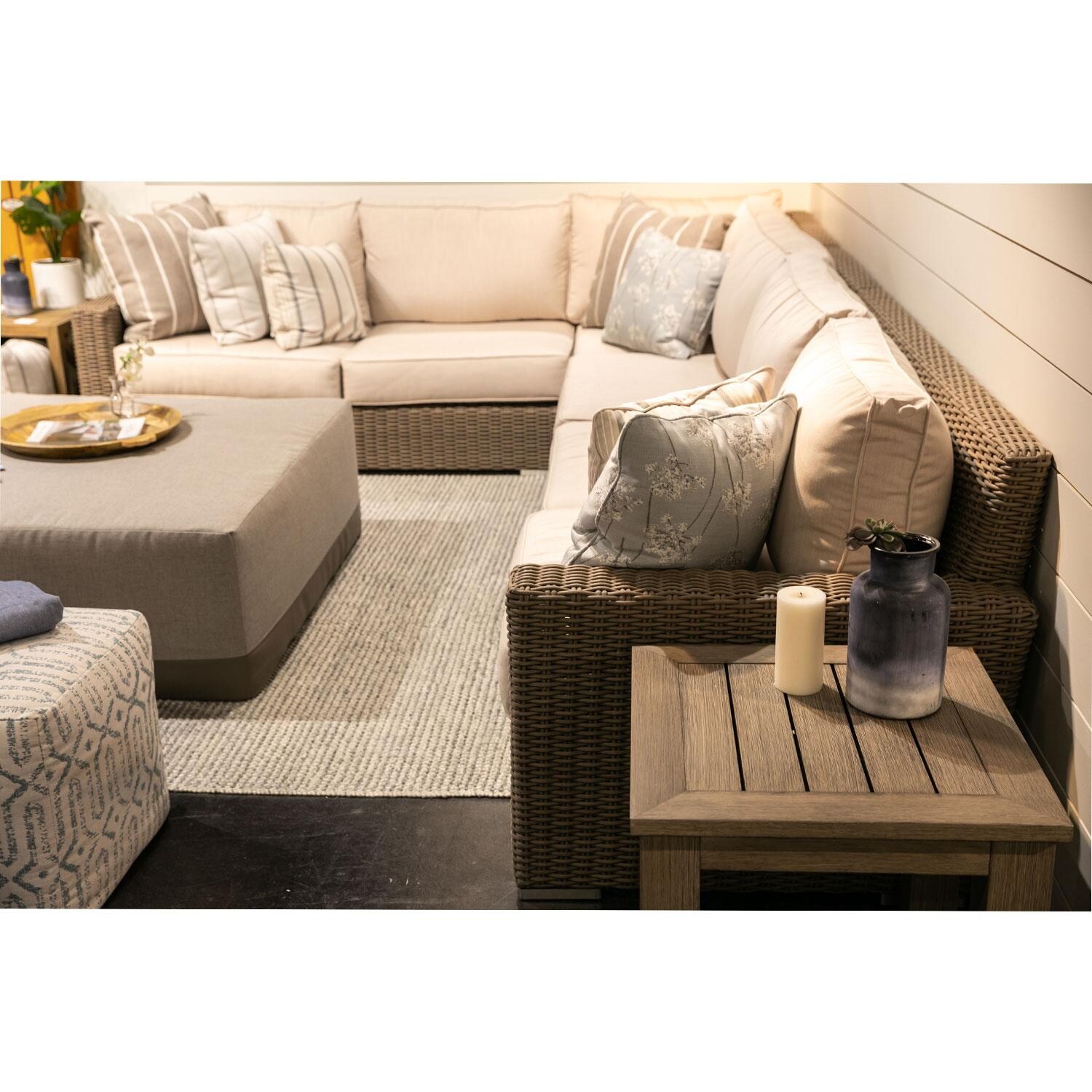 Coronado 3 Piece Wicker Patio Sectional Set W/ Sunbrella Canvas Flax Cushions By Sunset West - Back Patio - Lifestyle thumbnail