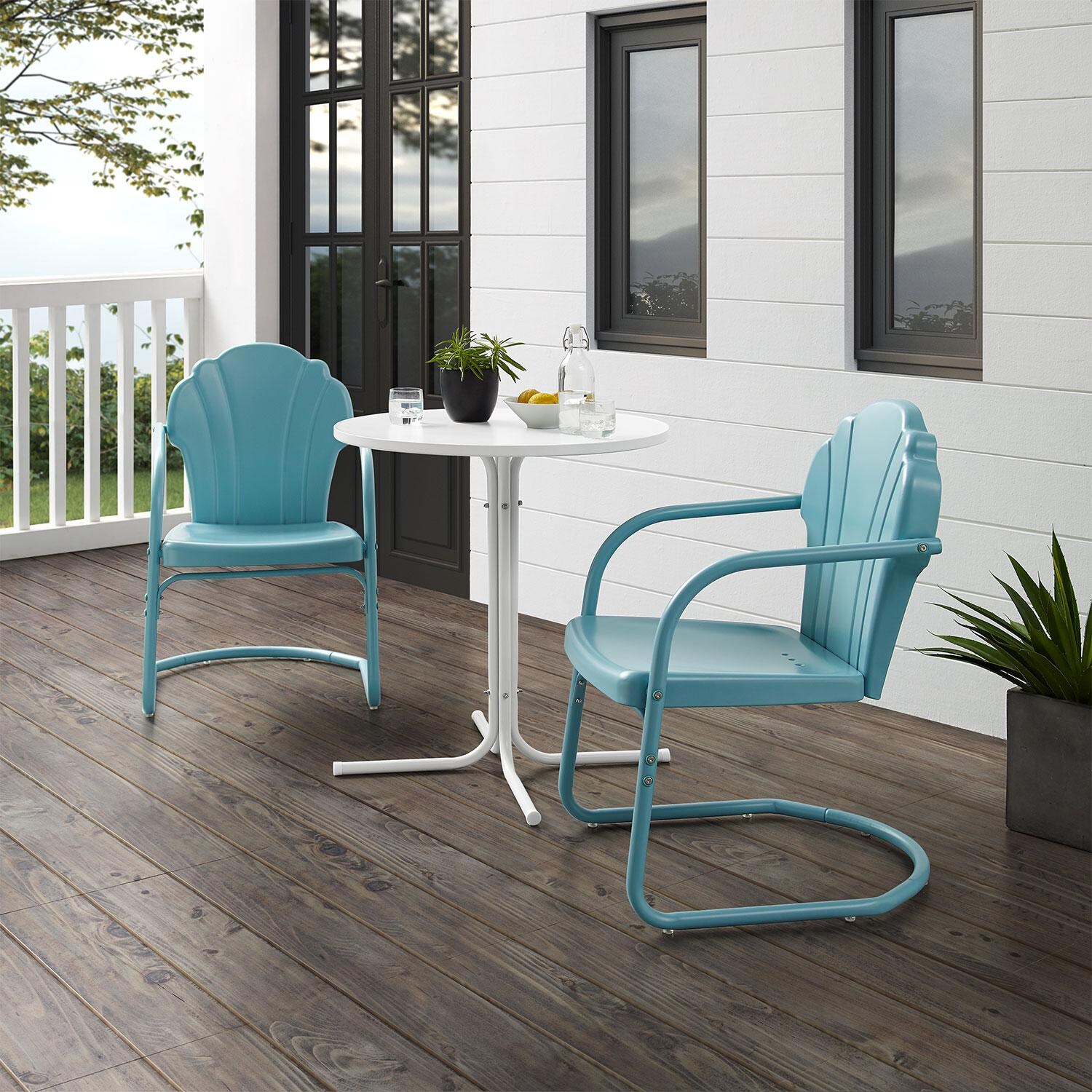 Ultimate Patio UP-32243BL 3Pc Retro Outdoor Bistro Set in Blue Satin - Angled On Patio - Lifestyle thumbnail