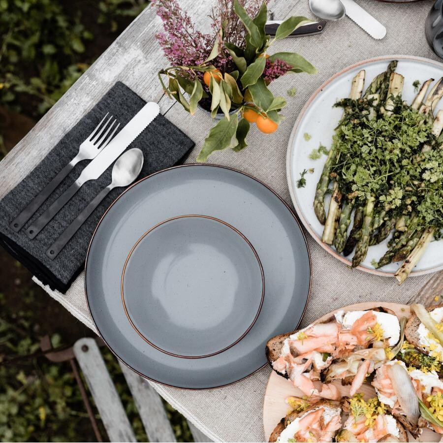 Barebones Living BND-1343 Enamel Dining Set - 16pc - Slate Gray - Place Setting - Lifestyle thumbnail