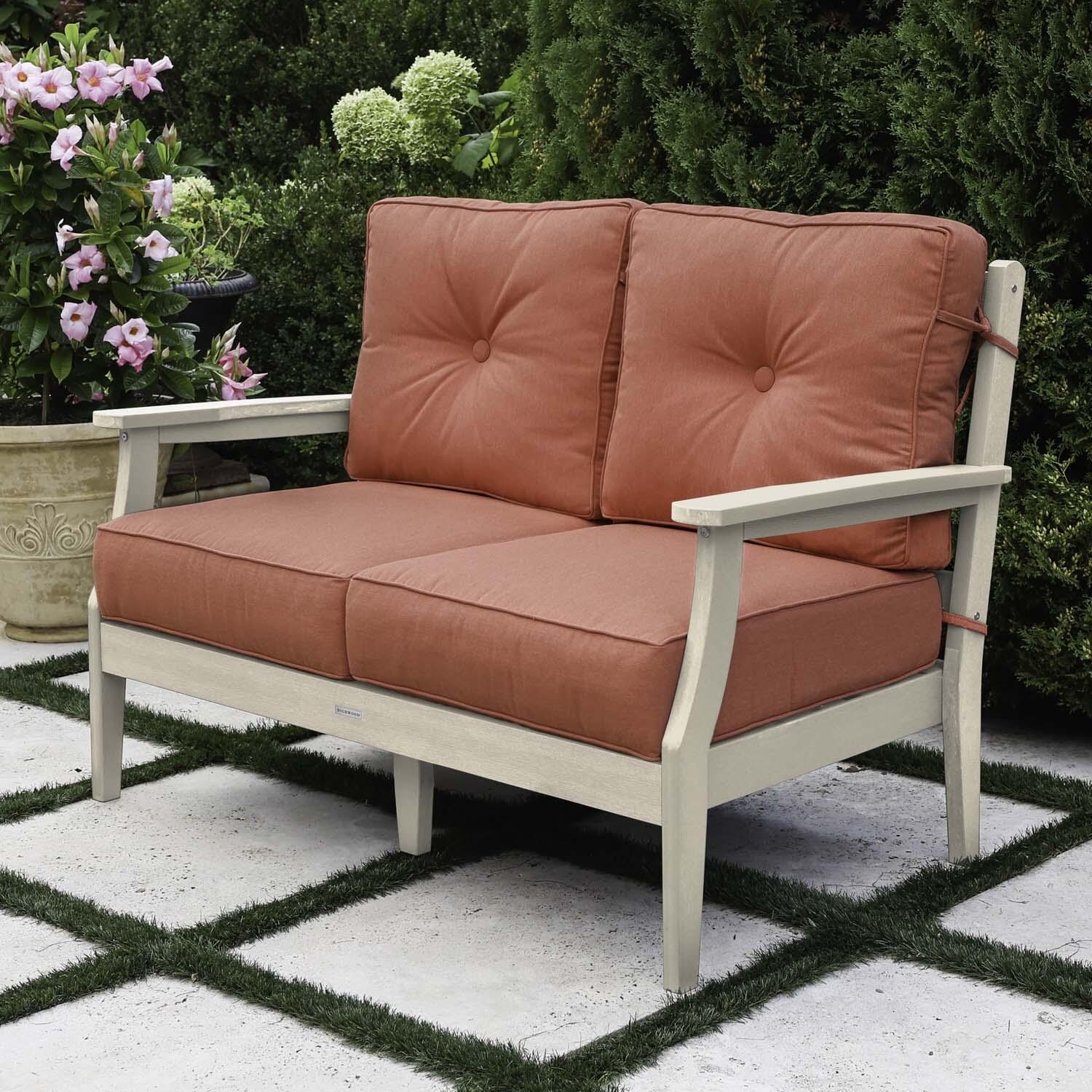Blushing Bay 2 Person Recycled Plastic Loveseat in Canvas Persimmon/Whitewash by Lakeview Outdoor Designs - Right Angled - Lifestyle thumbnail