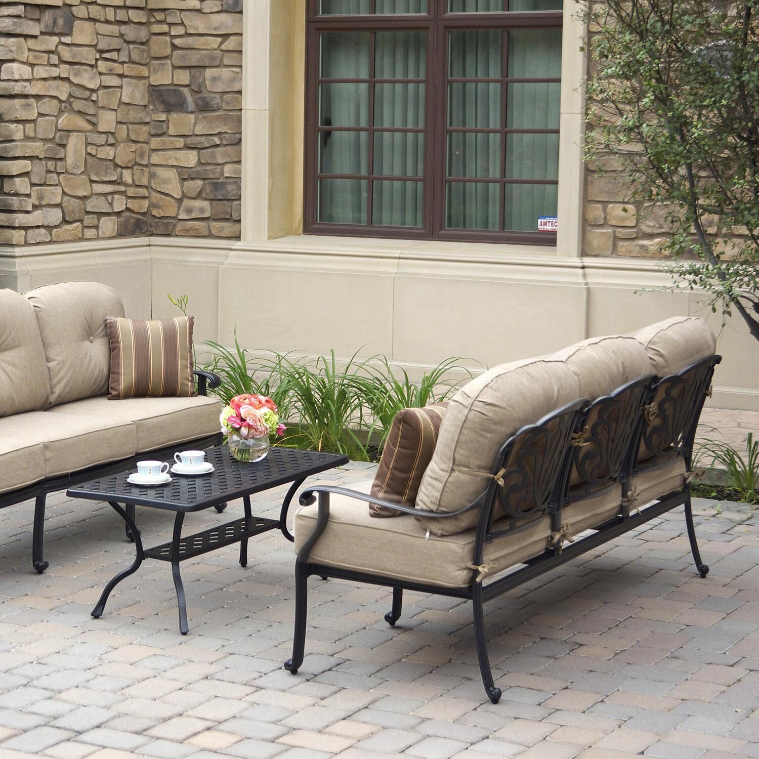Darlee Elisabeth 3 Pc Cast Aluminum Seating Set w/ 42 X 21 Inch Table & Throw Pillows in Antique Bronze/Beige - Set From Angle - Lifestyle thumbnail