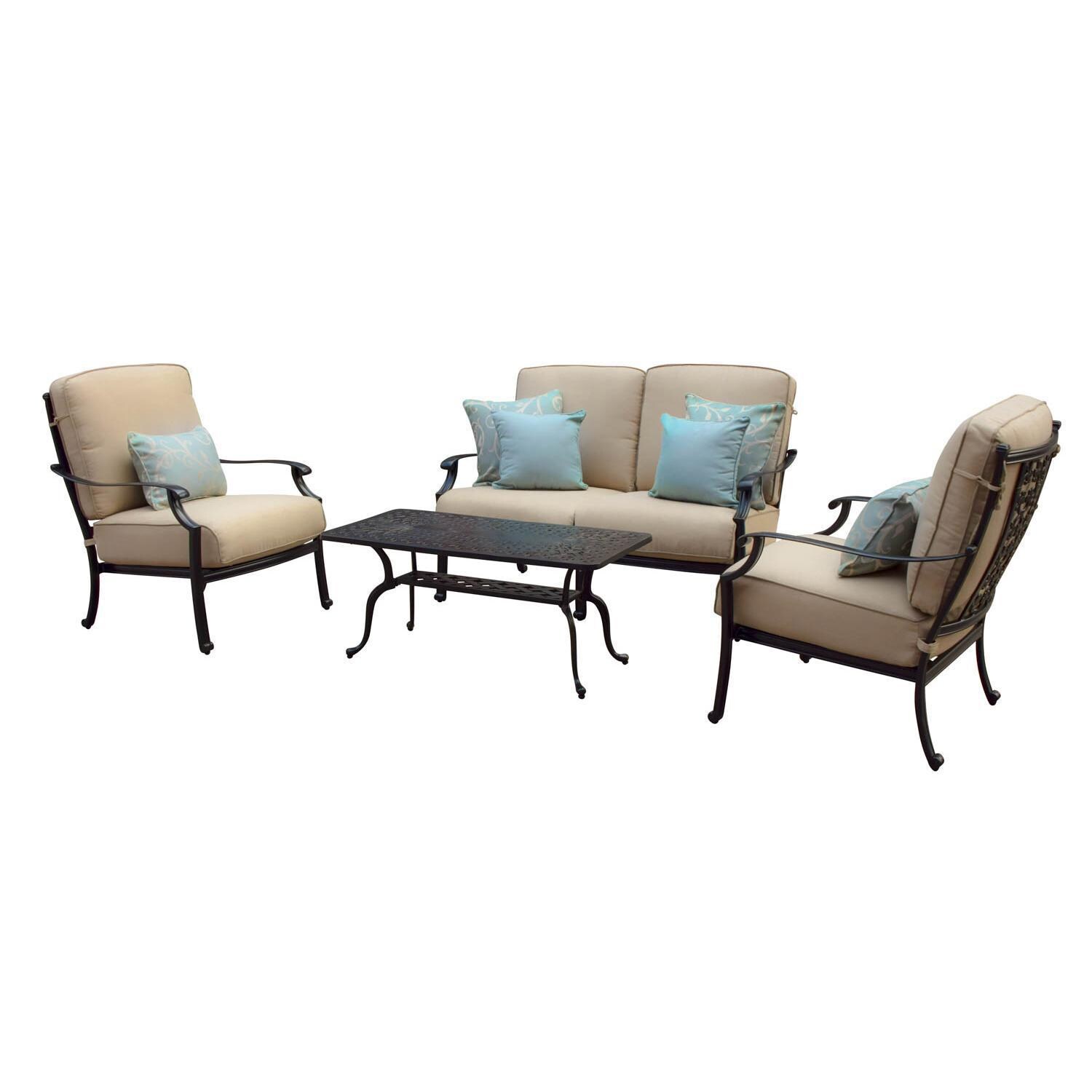 Carondelet 4 Piece Cast Aluminum Patio Conversation Set W/ Loveseat & Sunbrella Spectrum Sand Cushions thumbnail