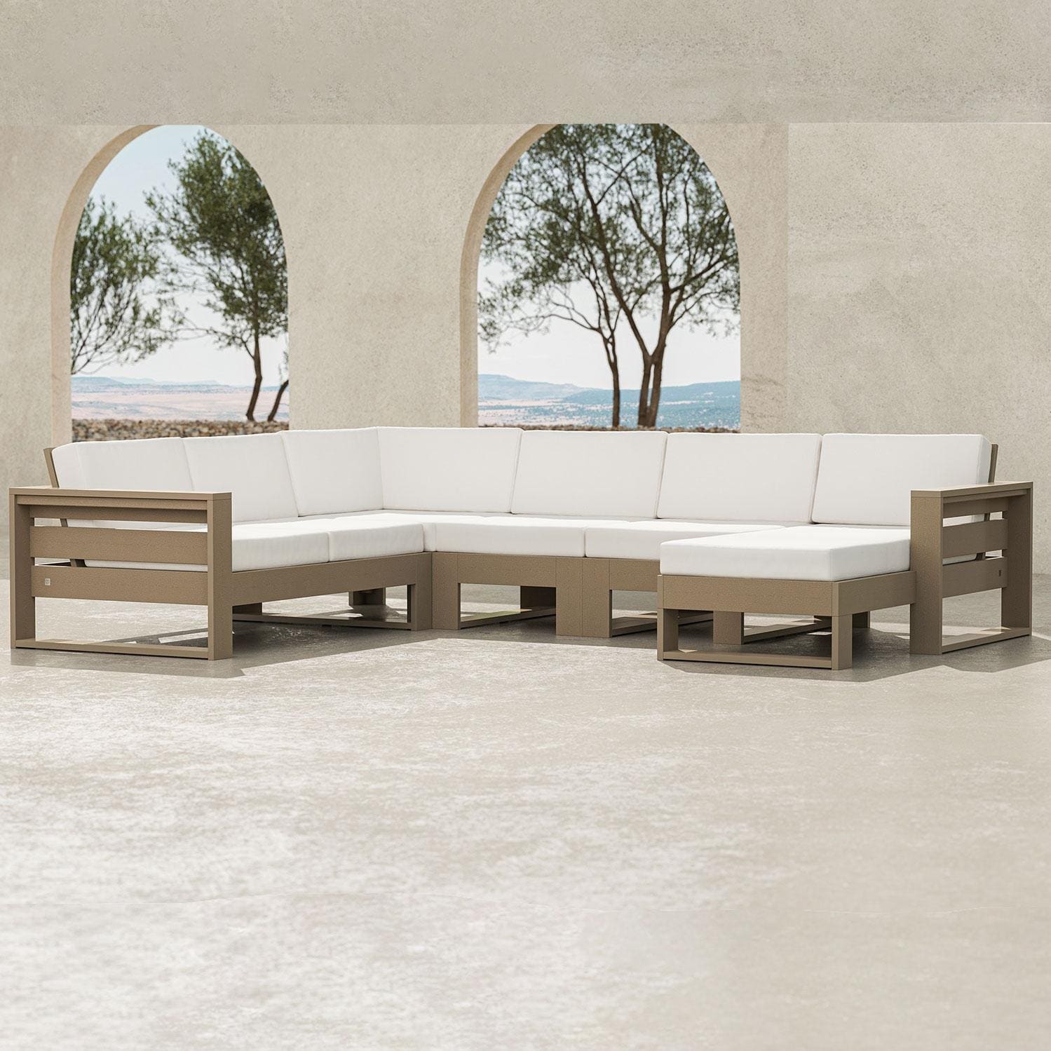 Latitude 5 Person Sectional Sofa w/ Right Chaise in Vintage Coffee/Ash Charcoal By PW Designer Series - Shown in Vintage Sahara/Spiced Burlap Finish - Patio - Lifestyle thumbnail