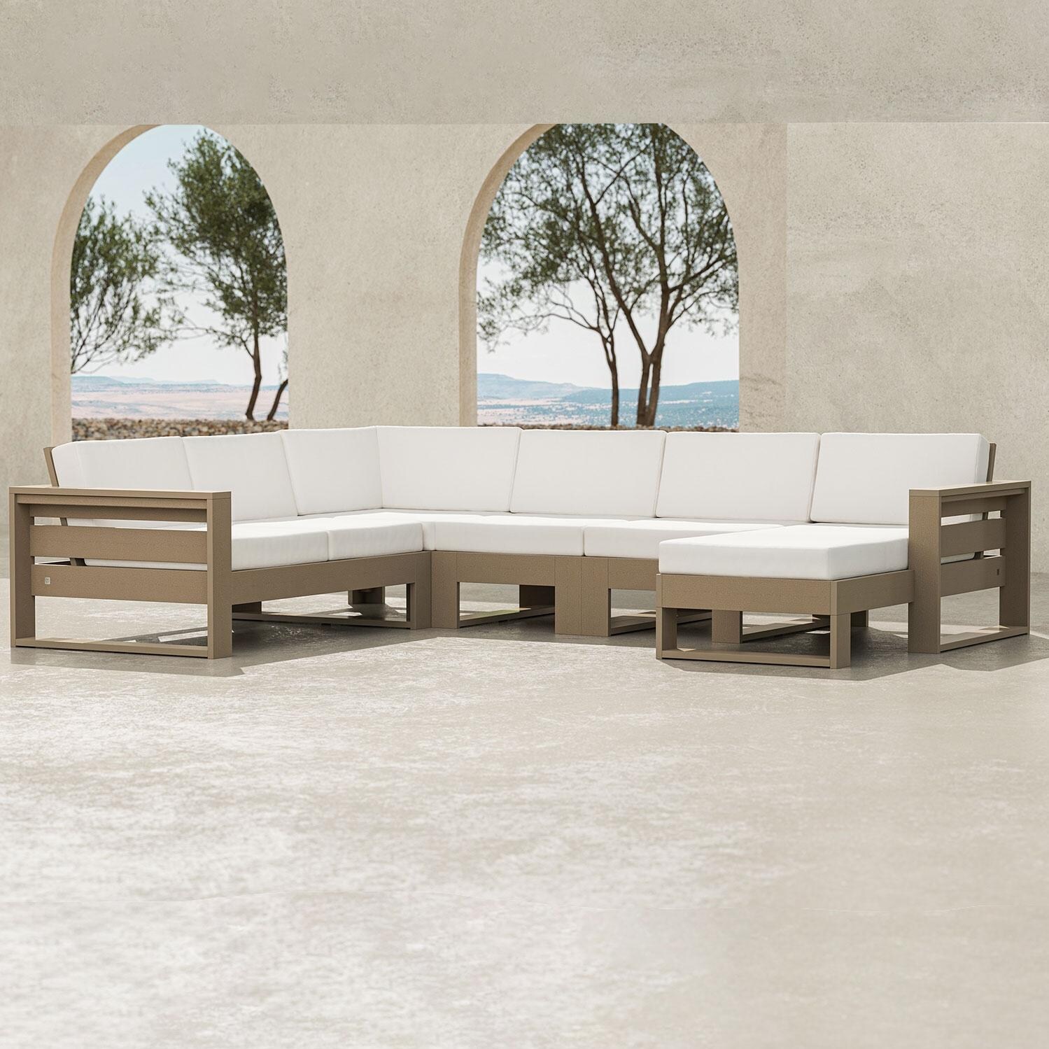 Latitude 5 Person Sectional Sofa w/ Right Chaise in Vintage Coffee/Ash Charcoal By PW Designer Series - Shown in Vintage Sahara/Spiced Burlap Finish - Patio - Lifestyle thumbnail