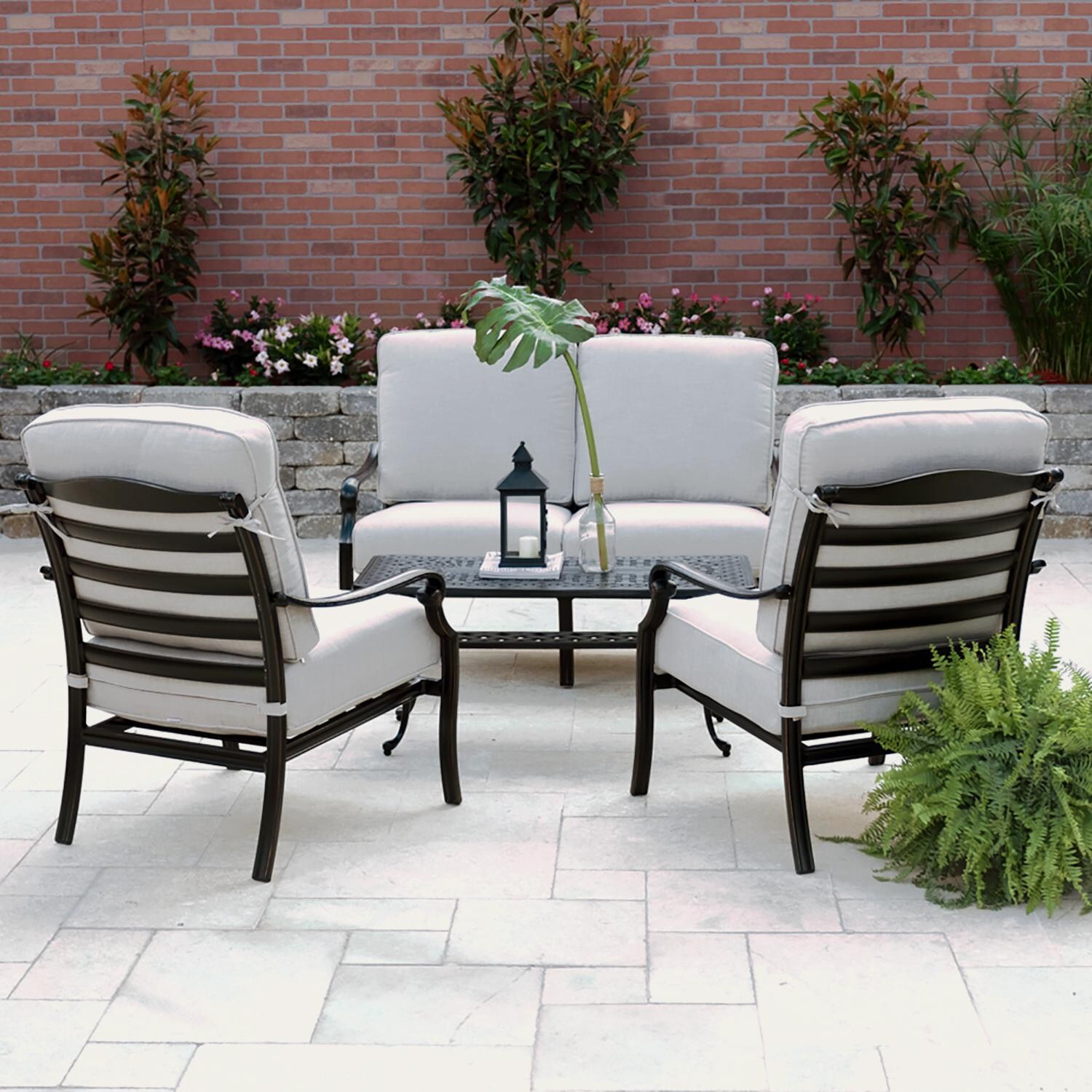 Du Monde 4 Piece Cast Aluminum Patio Conversation Set W/ Sunbrella Cast Silver Cushions By Lakeview Outdoor Designs