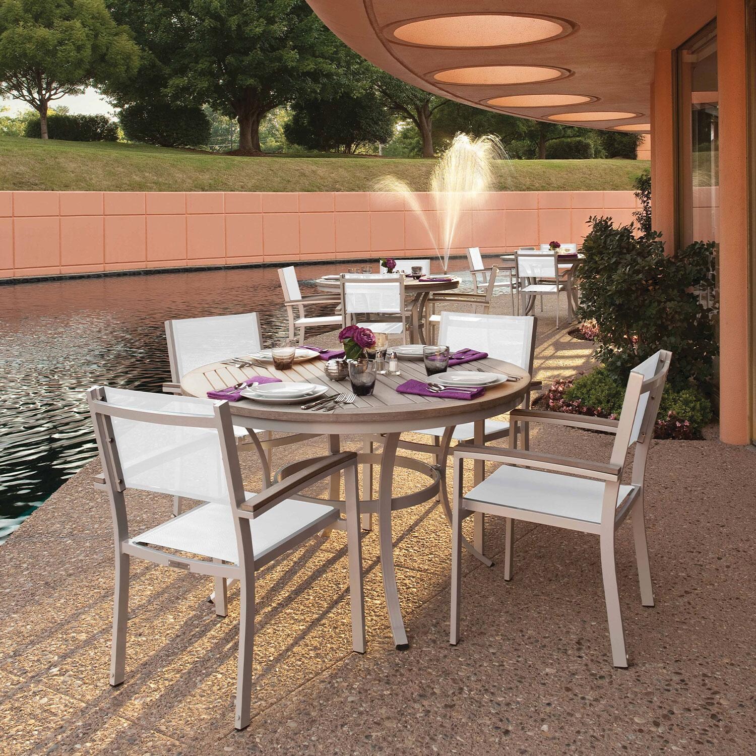 Travira 5 Pc Powder-Coated Aluminum Dining Set w/ Round Table in Natural/Vintage/Flint By Oxford Garden - Lifestyle thumbnail