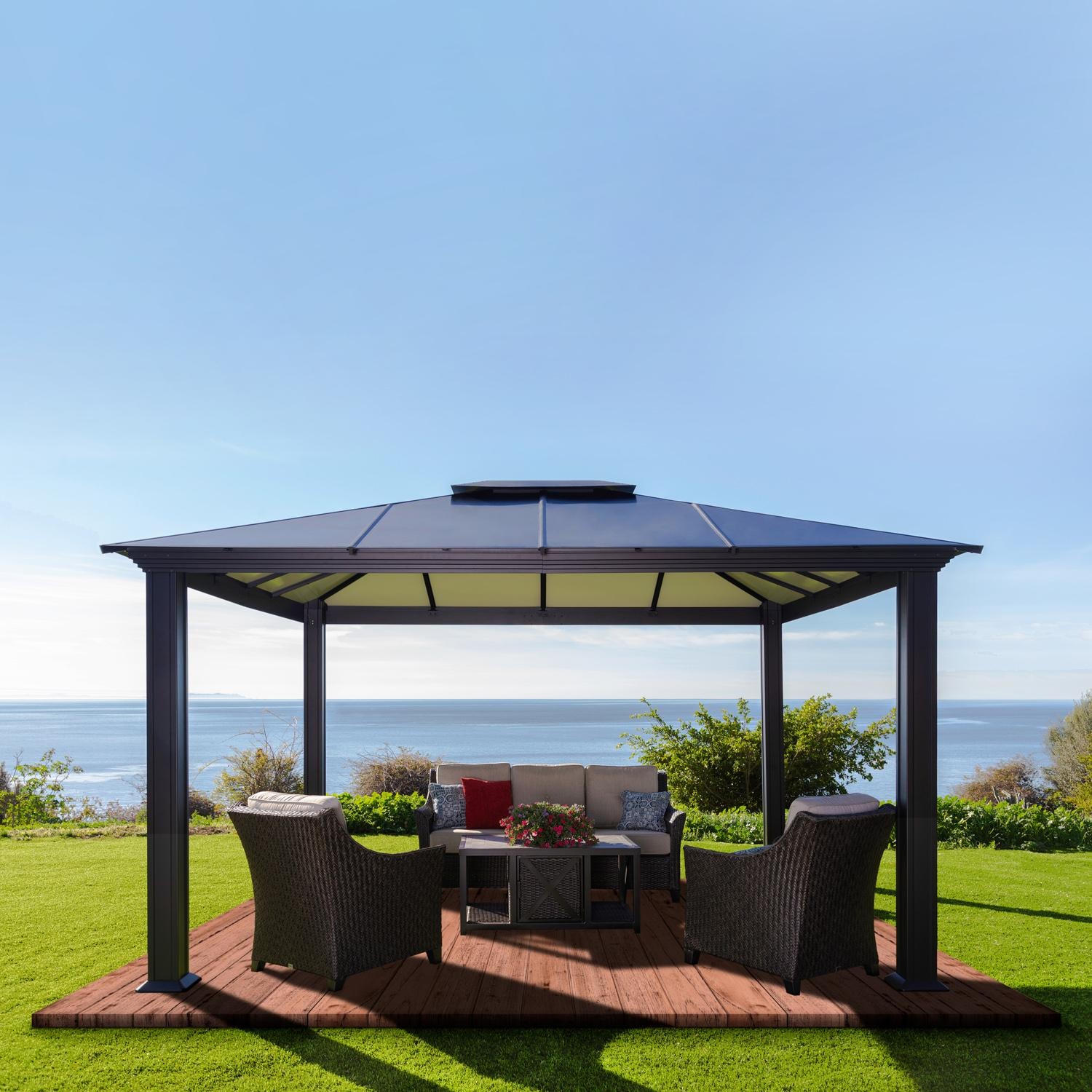 Paragon Outdoor GZH3-1212BKA Santa Monica 12' x 12' Aluminum Hard Top Gazebo - In Yard - Lifestyle thumbnail