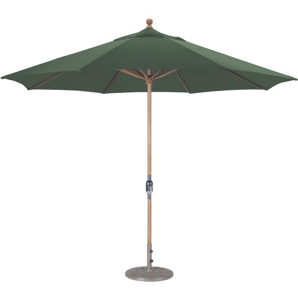 Galtech 11 Ft. Octagonal Teak Patio Market Umbrella W/ Crank Lift - Sunbrella Canvas Forest Green Canopy