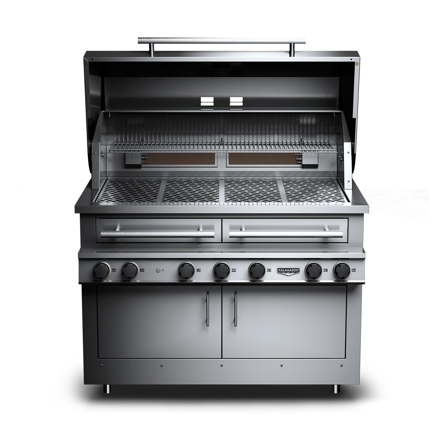 Kalamazoo K1000HB Hybrid Fire Four Burner Marine Grade Built-In Bulk Propane Grill W/ Two Meat & Two Plancha Grill Surface Grates - Hood Open - White Background thumbnail