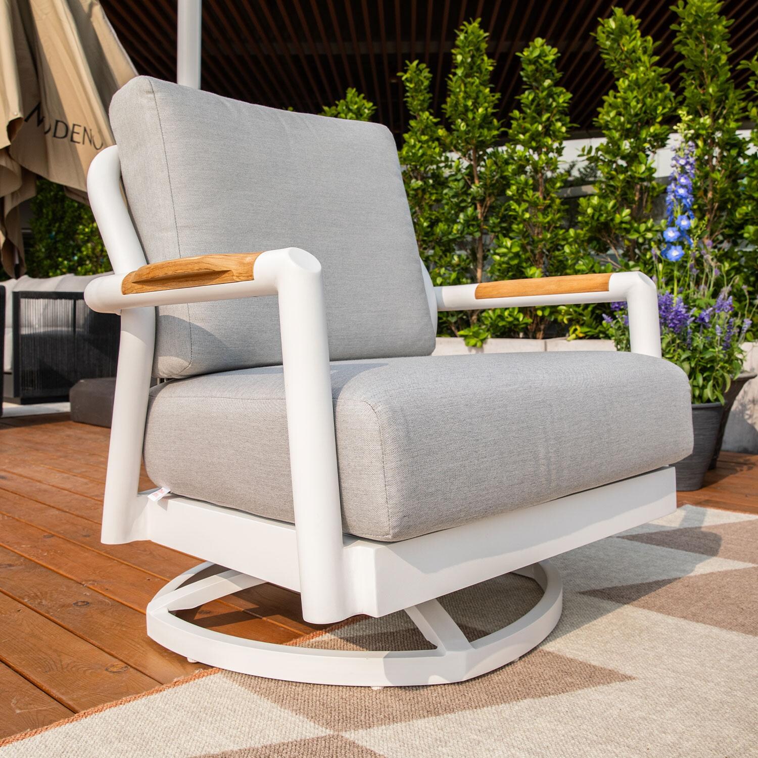 Elementi OS-2501W Santorini Outdoor Aluminum Swivel Club Chair w/ Sunbrella Cushions - Patio - Low Angle - Lifestyle thumbnail