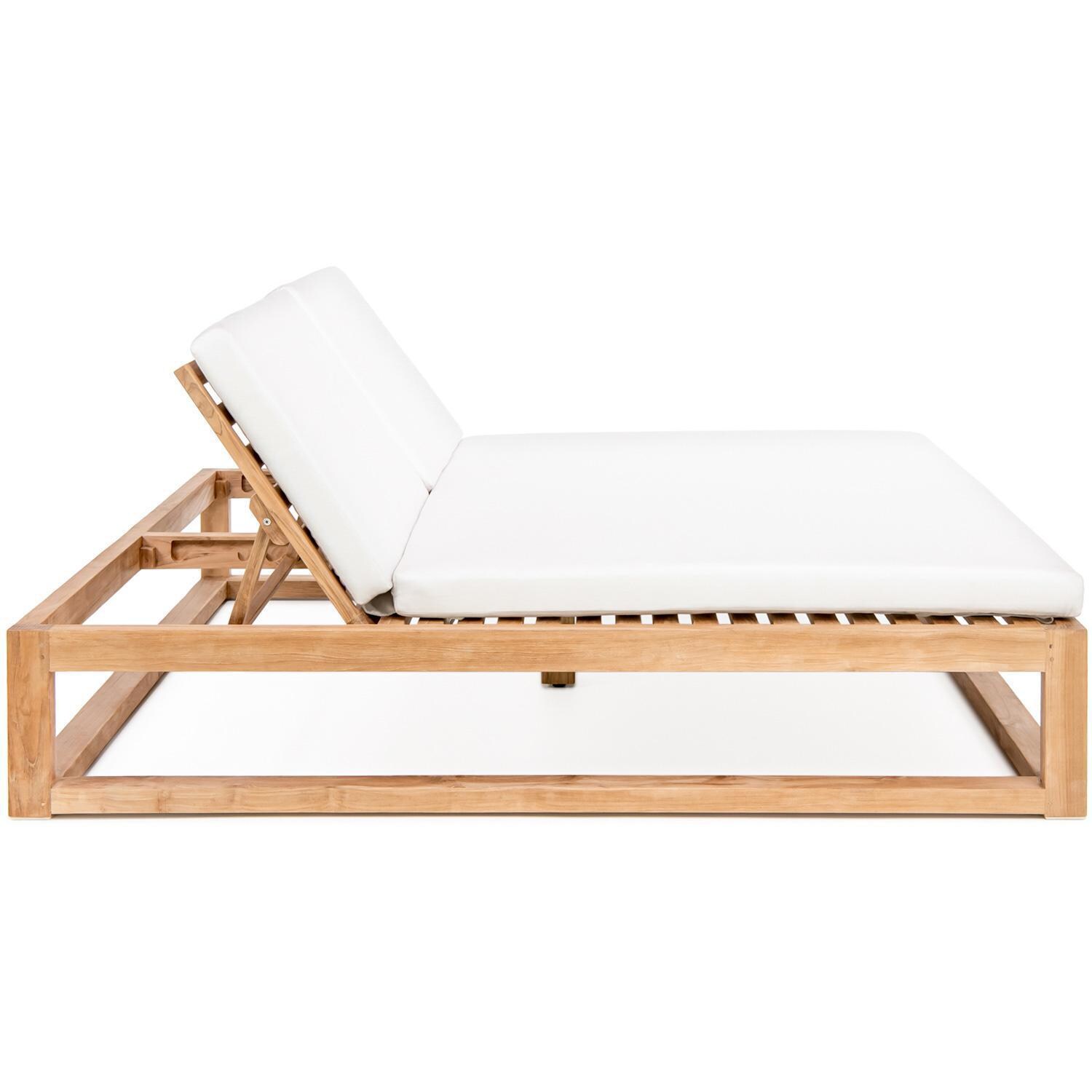 Teak + Table Atlantic Teak Patio Double Chaise Lounge in Granite - Side (Natural cushions shown) - White Background thumbnail
