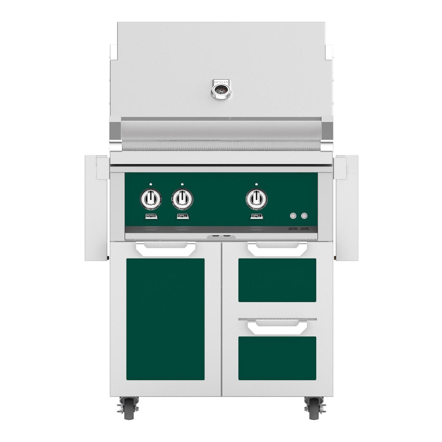 Hestan 30-Inch Propane Gas Grill W/ All Infrared Burners & Rotisserie On Double Drawer & Door Tower Cart - Grove - GSBR30-LP-GR