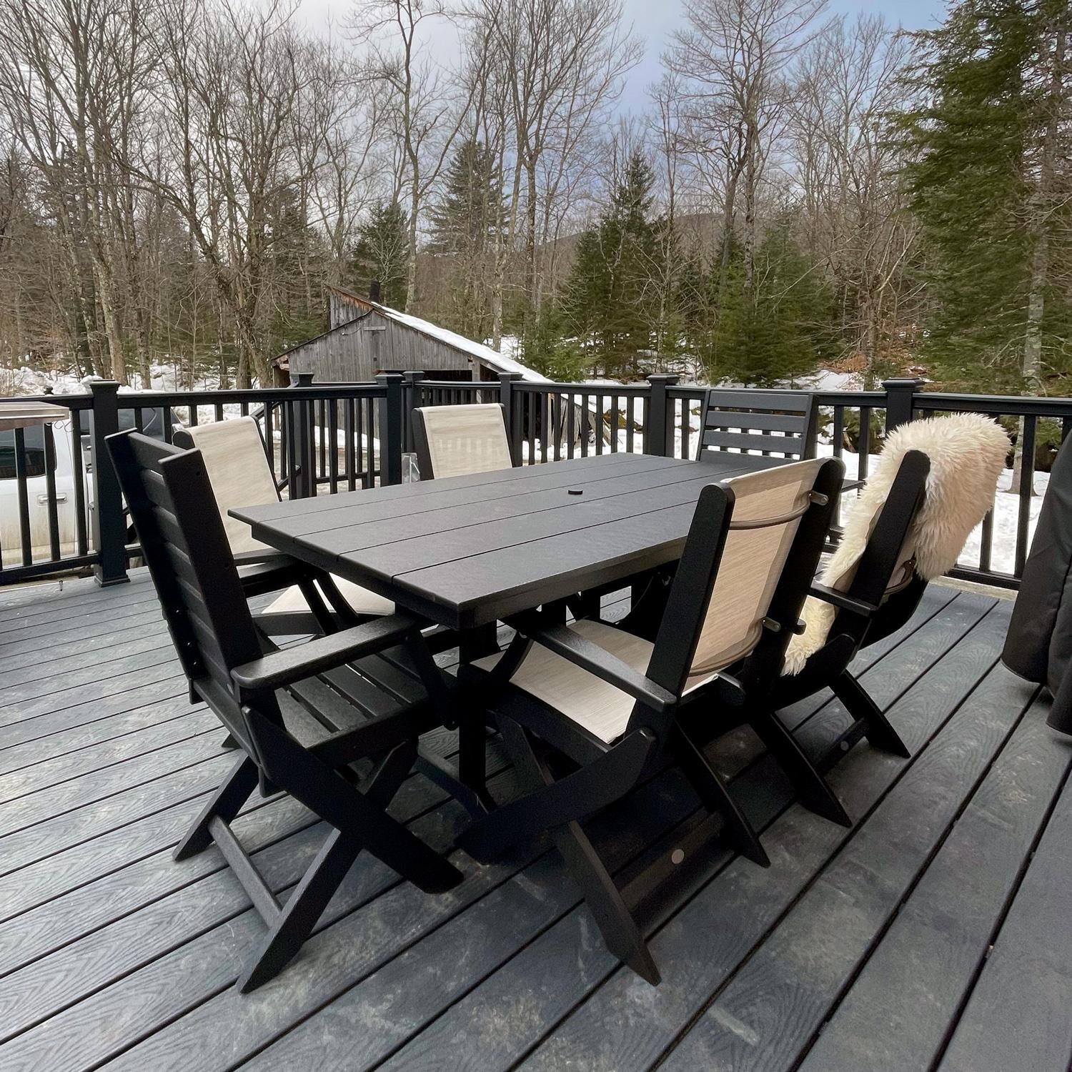 POLYWOOD PWS2533-1-MA915 Creekside Polywood 7-Piece Farmhouse Dining Set Onyx Sling Chairs in Mahogany - Shown in Black w/ Parchment Sling - Lifestyle thumbnail