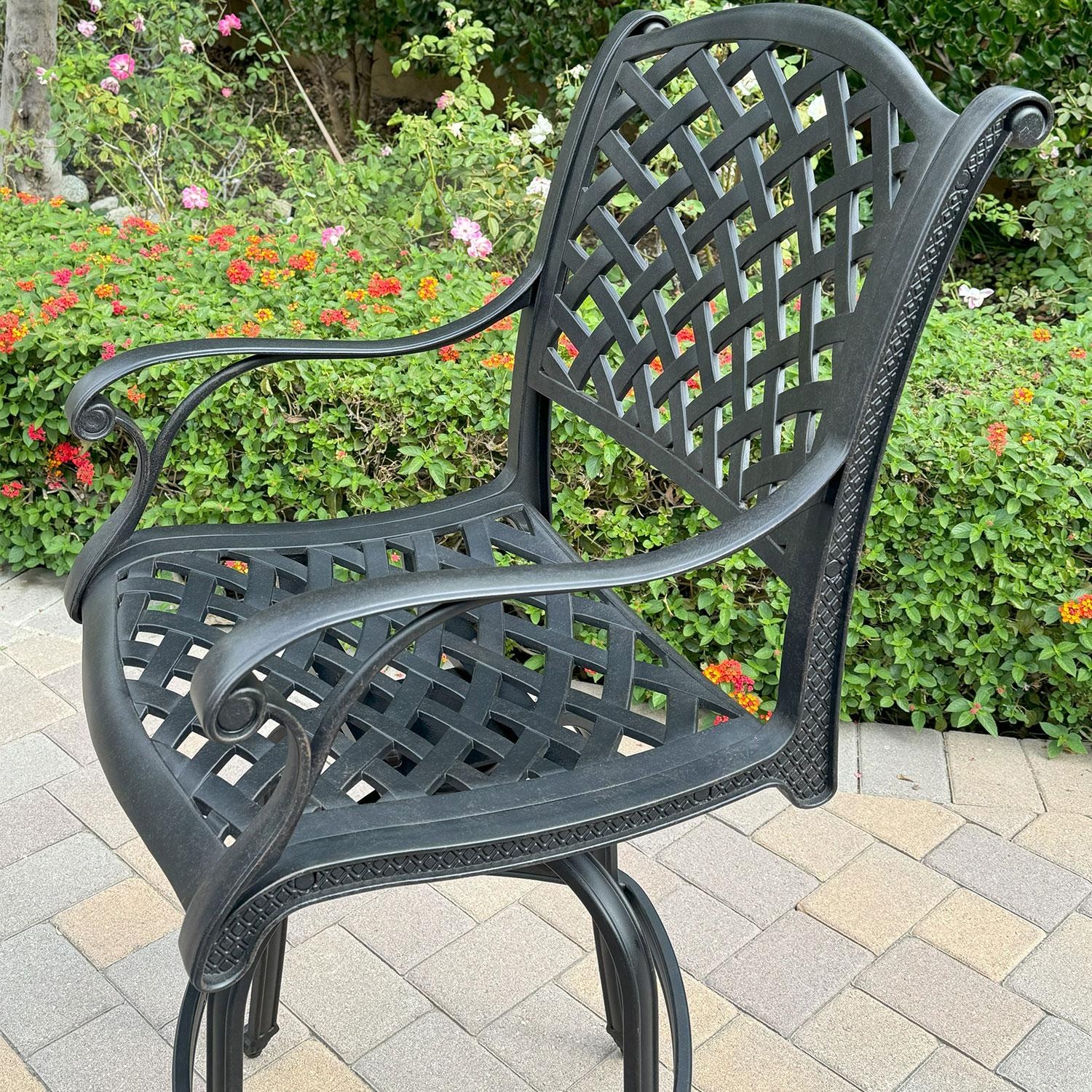 Nassau Cast Aluminum Swivel Bar Stool in Antique Bronze/Red by Darlee - Right Side - Shown W/ No Cushion - Lifestyle thumbnail