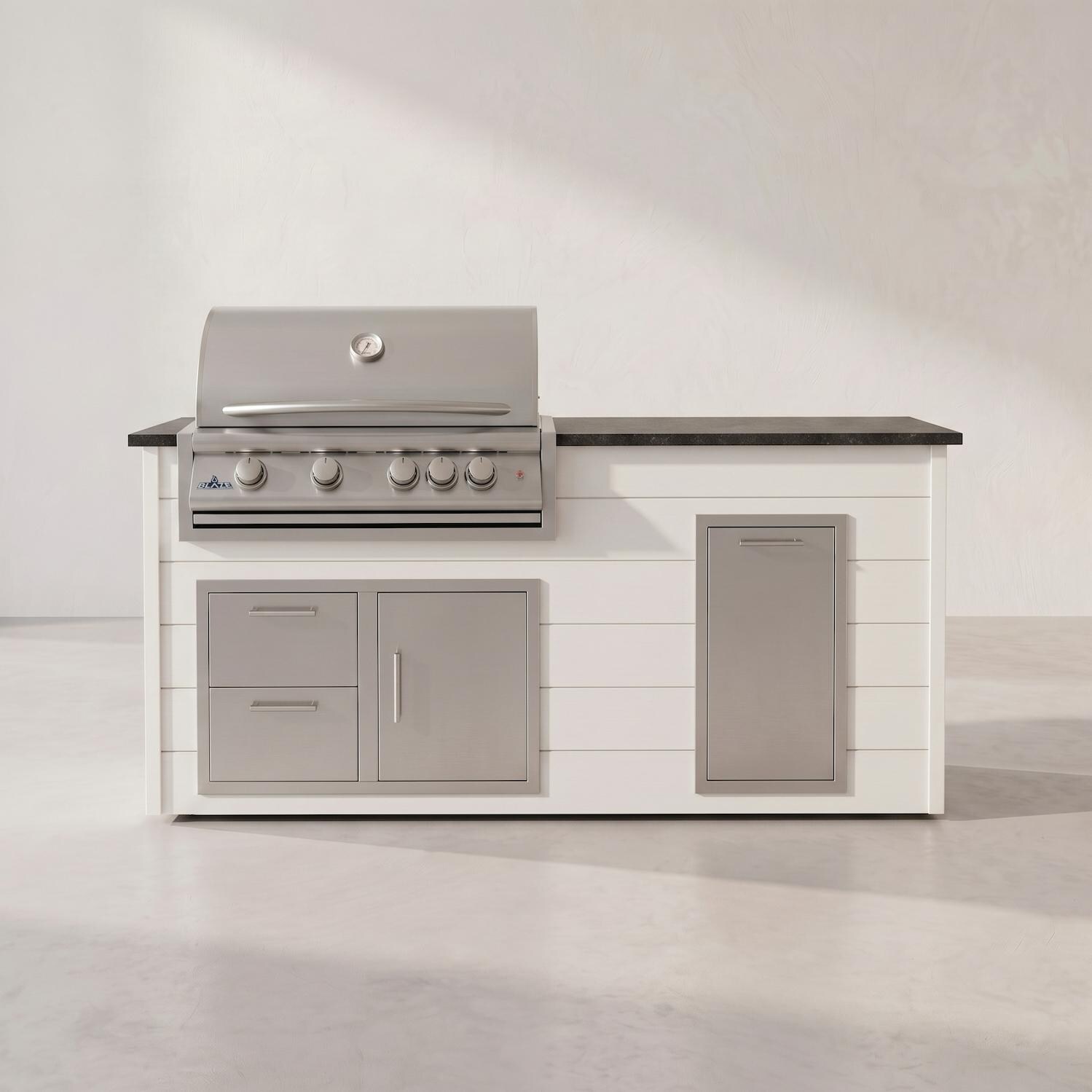 BBQGuys Signature 6 Ft Grill Island w/ 32 Inch Propane Blaze Premium LTE+ Grill, Narrow Trash Bin & Door & Drawer | Crystal White w/ Nero Mist Granite - Front - White Background thumbnail