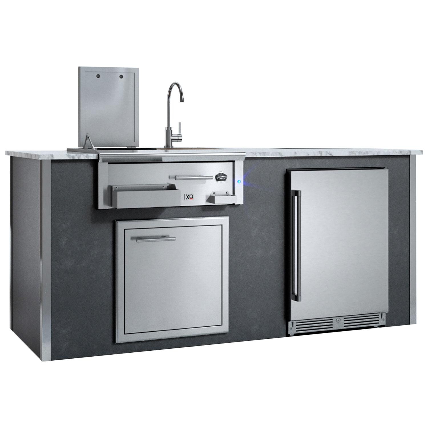 XO Designer 7 Ft Outdoor Kitchen Island w/ Cocktail Pro Station, Single Door, & Outdoor Refrigerator in Gray - White Background thumbnail
