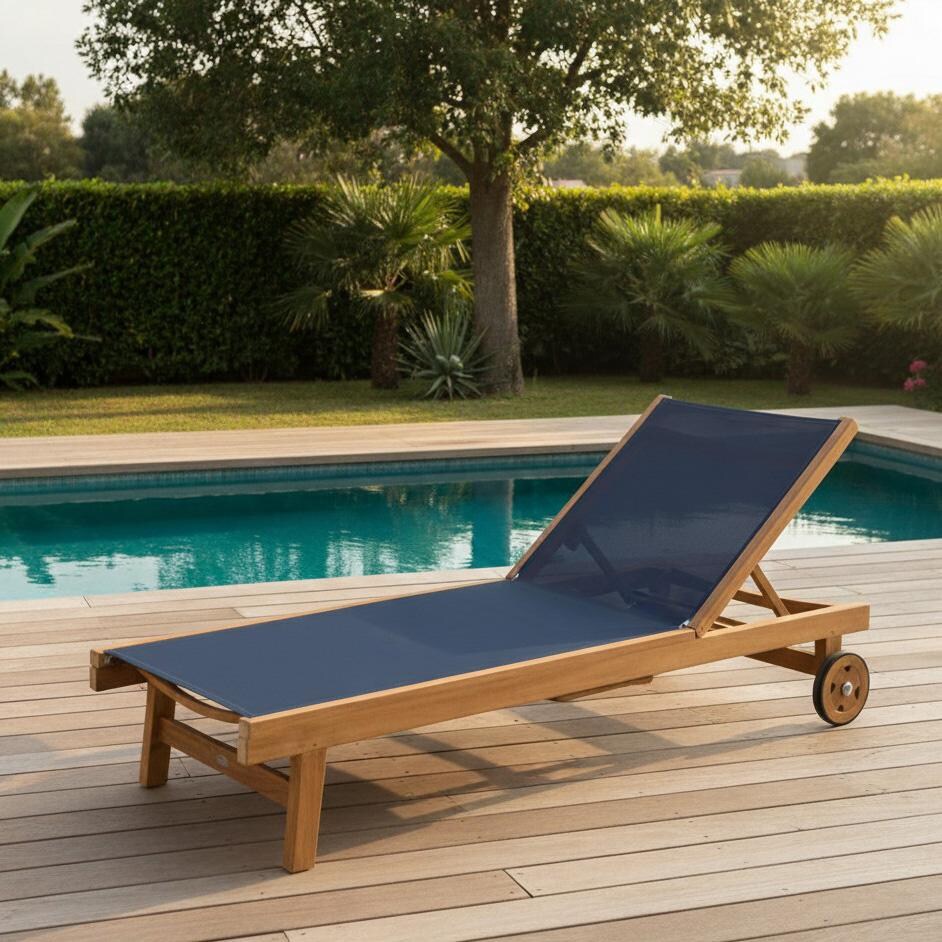 Royal Teak Collection Sundaze Teak Patio Chaise Lounge W/ Navy Sling - By the Pool - Lifestyle thumbnail