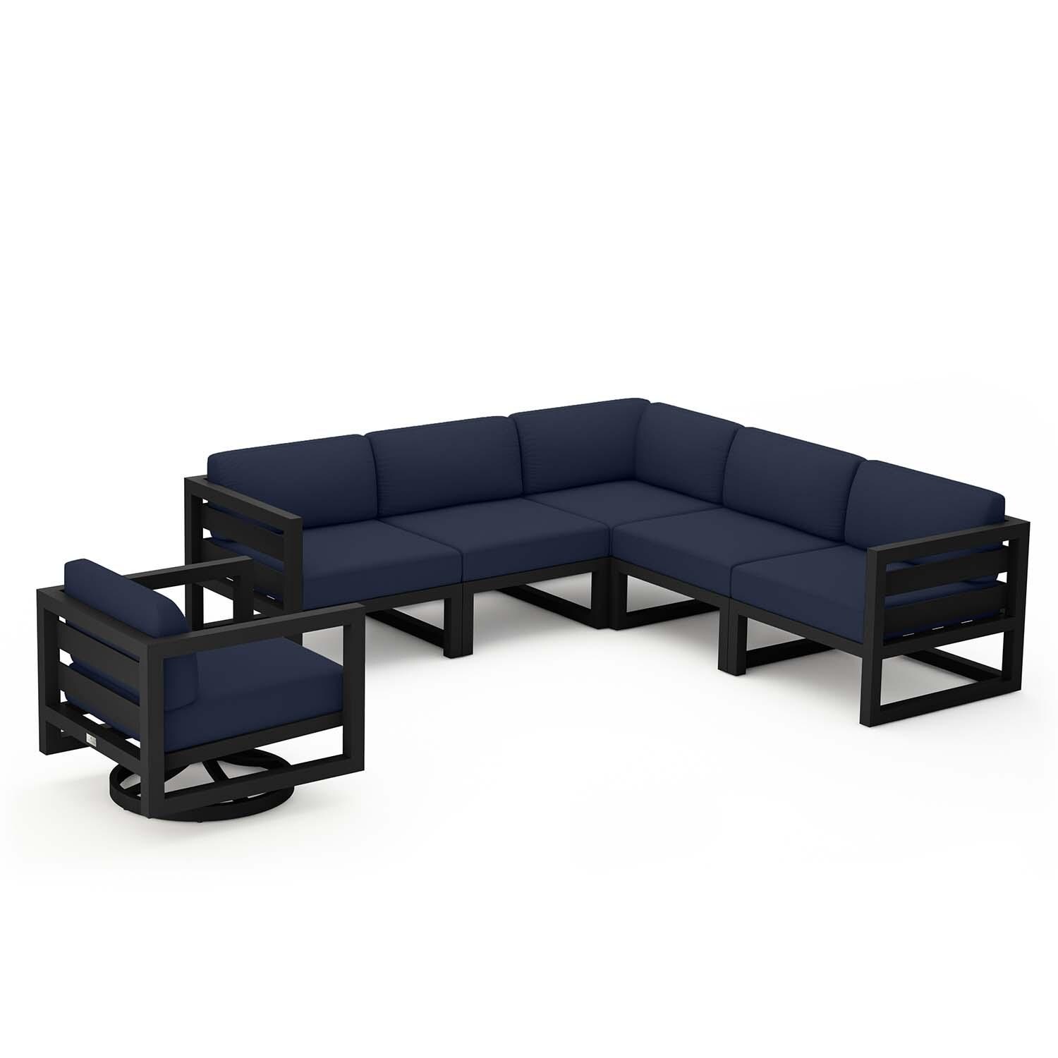 Misty Cove 6 Pc Aluminum Sectional Seating Set w/ Swivel Chairs in Black/Spectrum Indigo by Lakeview Outdoor Designs - White Background thumbnail