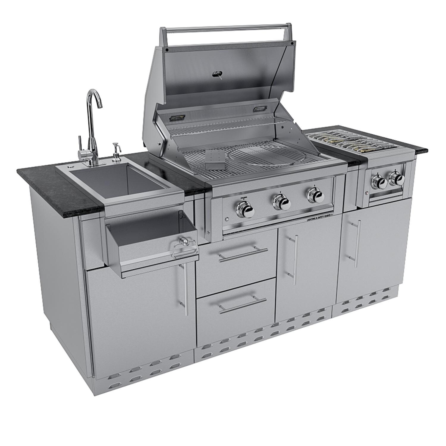 Sunstone Grills SCPCAPRICE6.4-LP Caprice 6 1/2 Ft Outdoor Kitchen Island w/ Propane Grill & Side Burner, Door & Drawer - Grill Open - White Background thumbnail