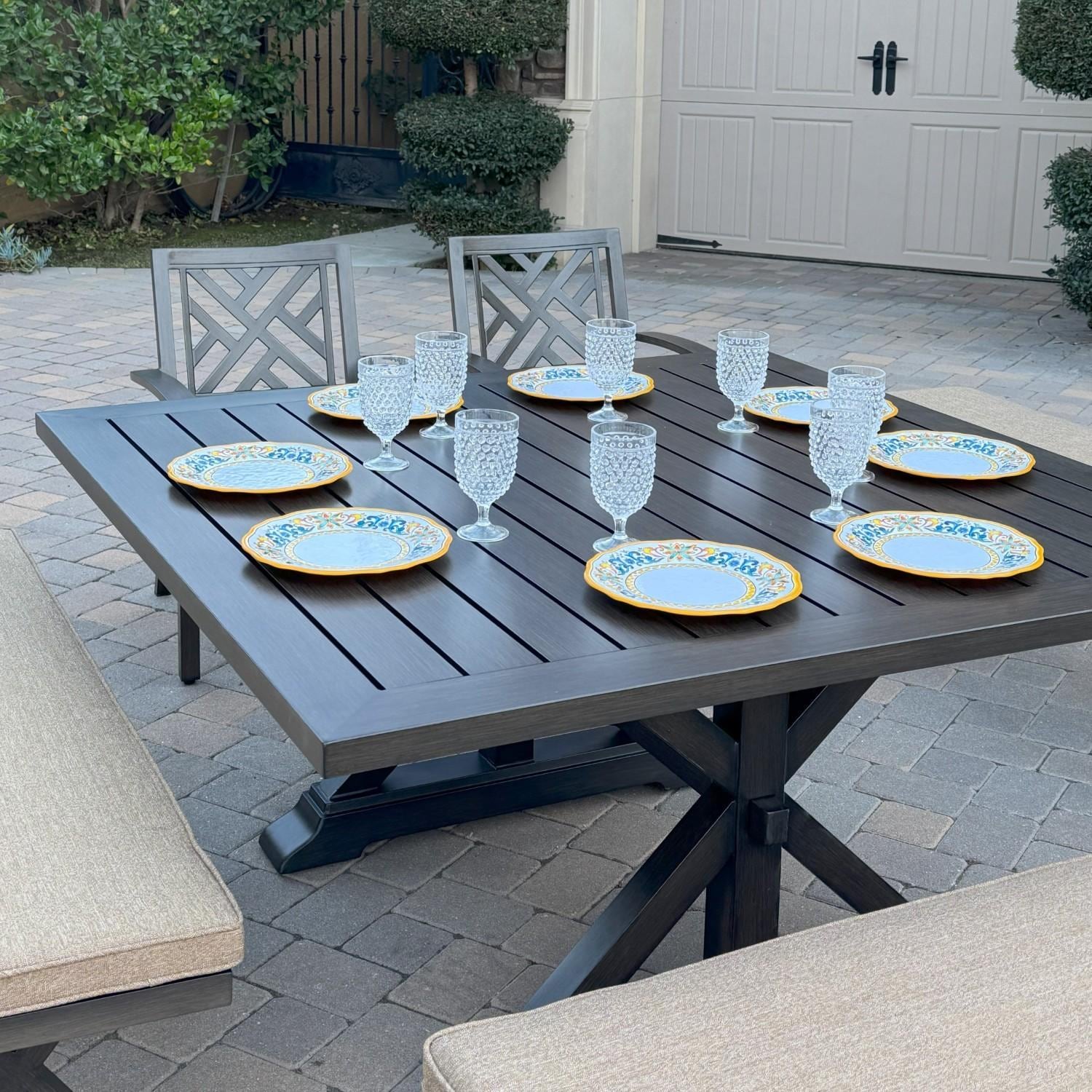 Brooklyn 6 Pc Aluminum Dining Set w/ 59 Inch Square Table in Sesame/Multi-brown by Darlee - Table Close Up - Lifestyle thumbnail