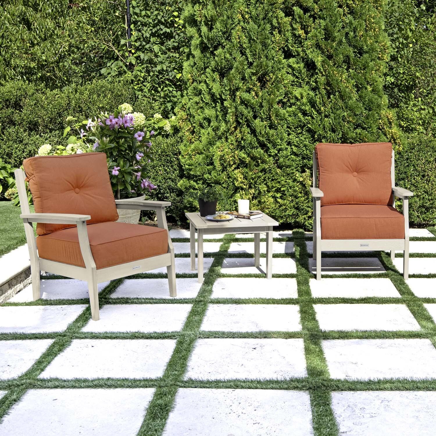 Blushing Bay 3 Pc Recycled Plastic Seating Set in Canvas Persimmon/Whitewash by Lakeview Outdoor Designs - Angled Left - Lifestyle thumbnail