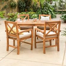 Crosswinds 5 Piece Acacia Patio Dining Set W/ 60 X 34 Inch Rectangular Table & Natural Cushions By Walker Edison