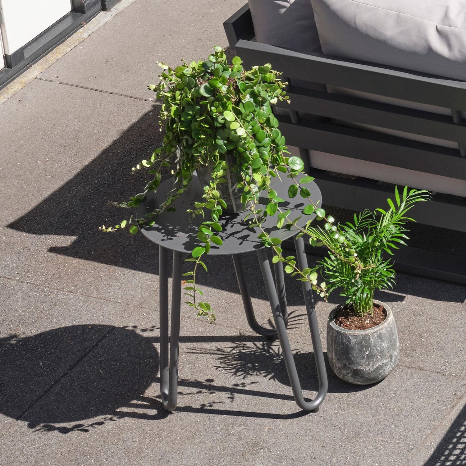 Blixum Aluminum Gray Round Side End Table By KETTLER - Space for Plants - Lifestyle thumbnail