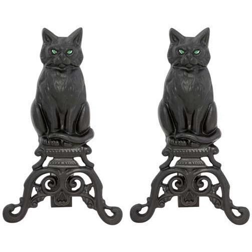 UniFlame 17-Inch Black Cast Iron Cat Andirons With Reflective Glass Eyes - A-1251 image