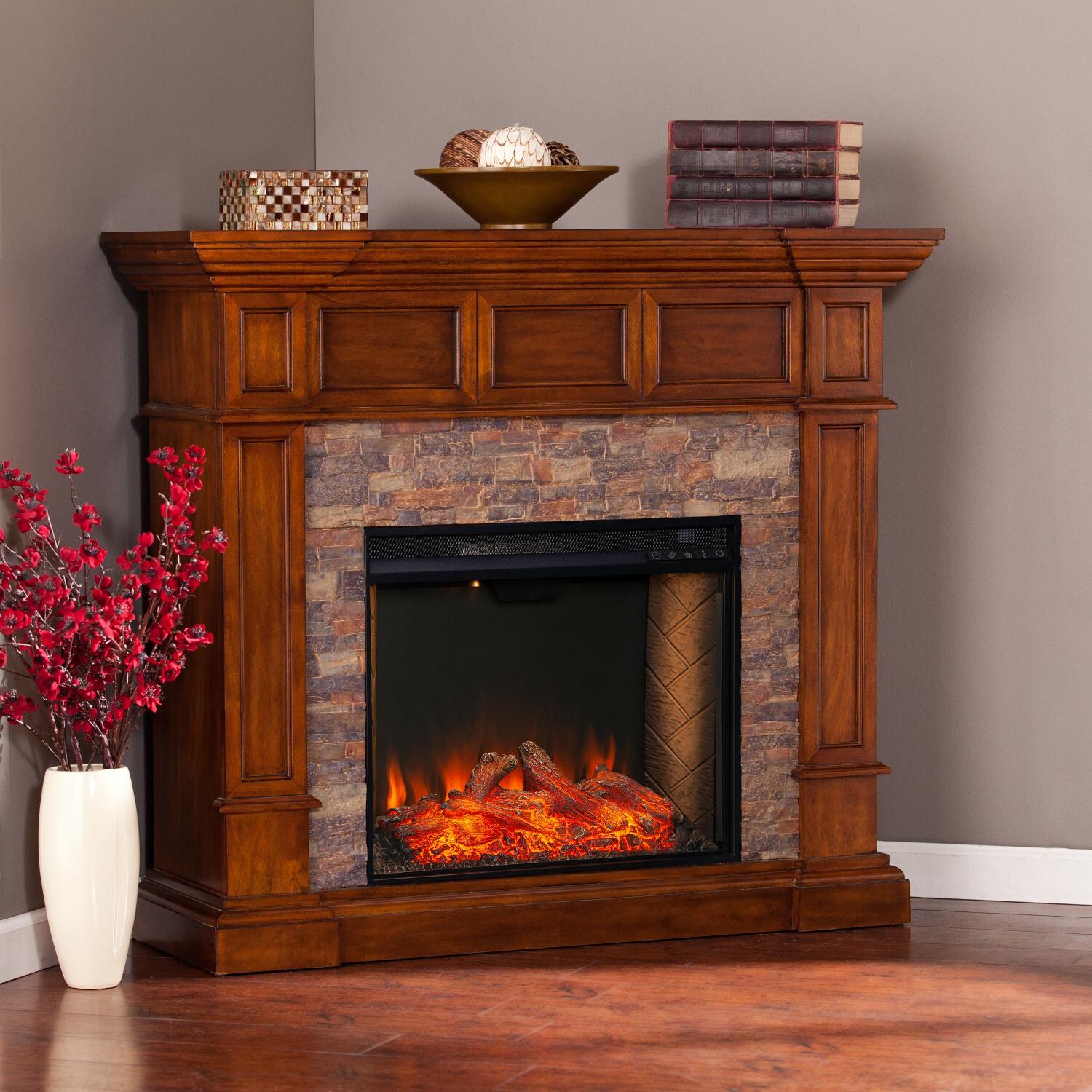Southern Enterprises Merrimack Alexa-Enabled Smart Corner Convertible Fireplace W/ Faux Stone - Buckeye Oak - FS9637 image