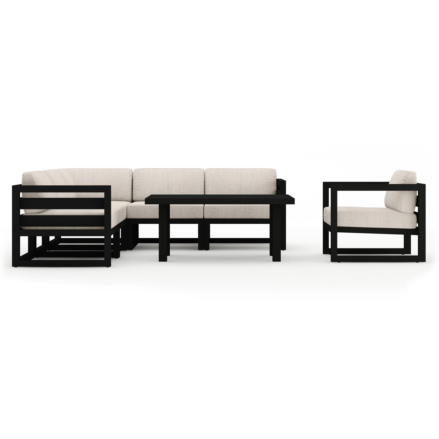 Misty Cove 7 Pc Aluminum Seating Set w/ Sectional & Classic Chat Table in Black/Cast Silver by Lakeview Outdoor Designs