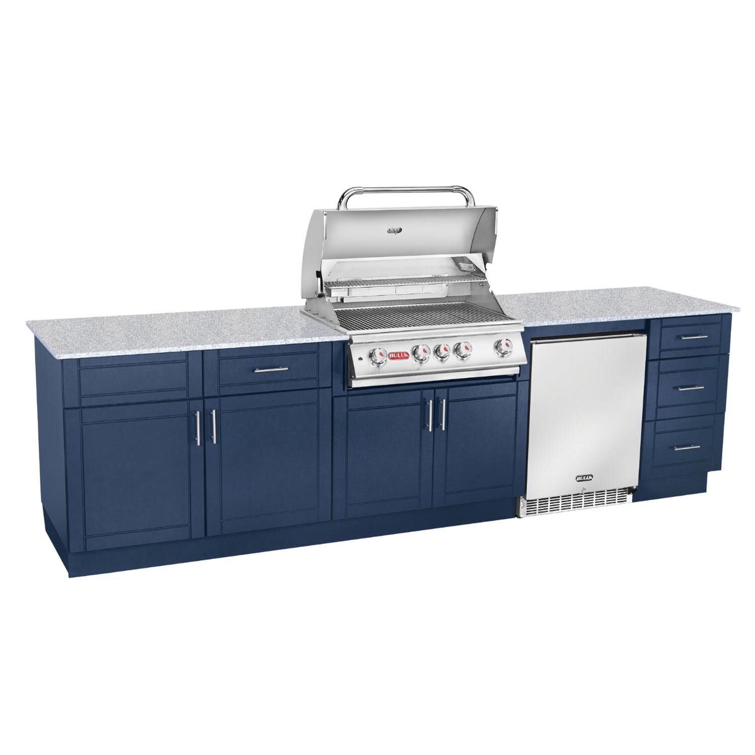 Bull Charleston DuraBull 10 Ft Outdoor Kitchen Island w/ Angus 30-in Propane Grill & Refrigerator in Symphony Blue/Galaxy White Granite - Open - White Background thumbnail