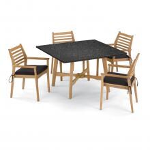 Wexford 5 Piece Natural Shorea Patio Dining Set W/ 48 Inch Square Lite-Core Charcoal Table & Sunbrella Canvas Black Cushions By Oxford Garden