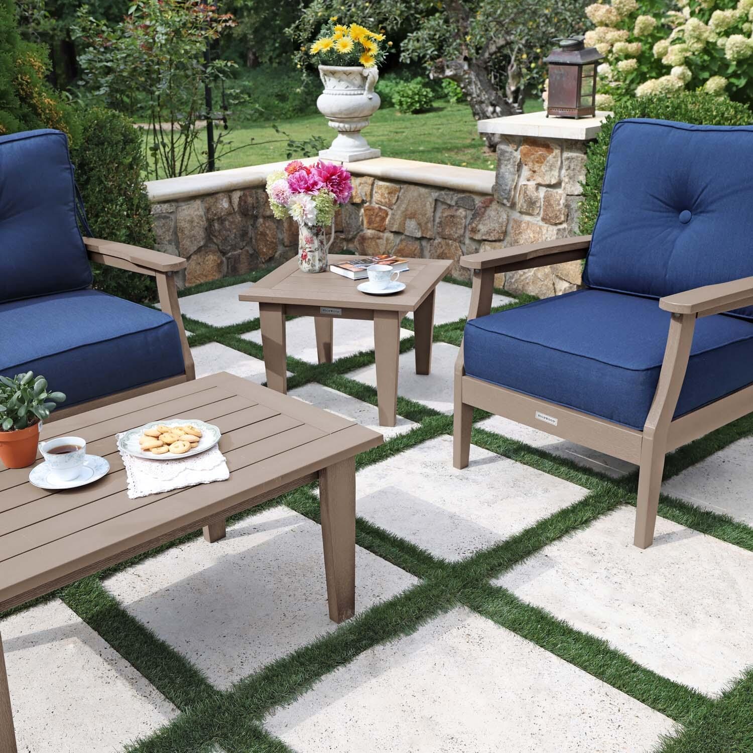 Blushing Bay 4 Pc Recycled Plastic Seating Set in Spectrum Indigo/Woodland Brown by Lakeview Outdoor Designs - Close Up End Table - Lifestyle thumbnail