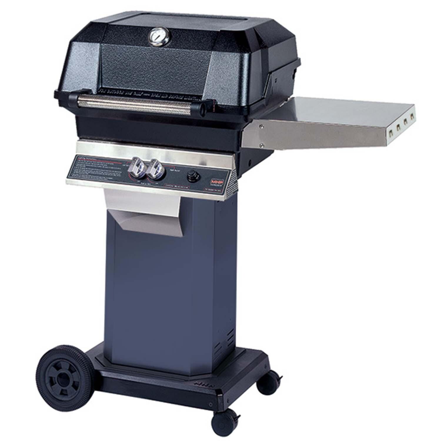 MHP JNR Natural Gas Grill Head w/ SearMagic Cooking Grids & Drop Down Shelves on Chicago Blues Grill Column & Portable Base w/ Locking Casters - White Background thumbnail