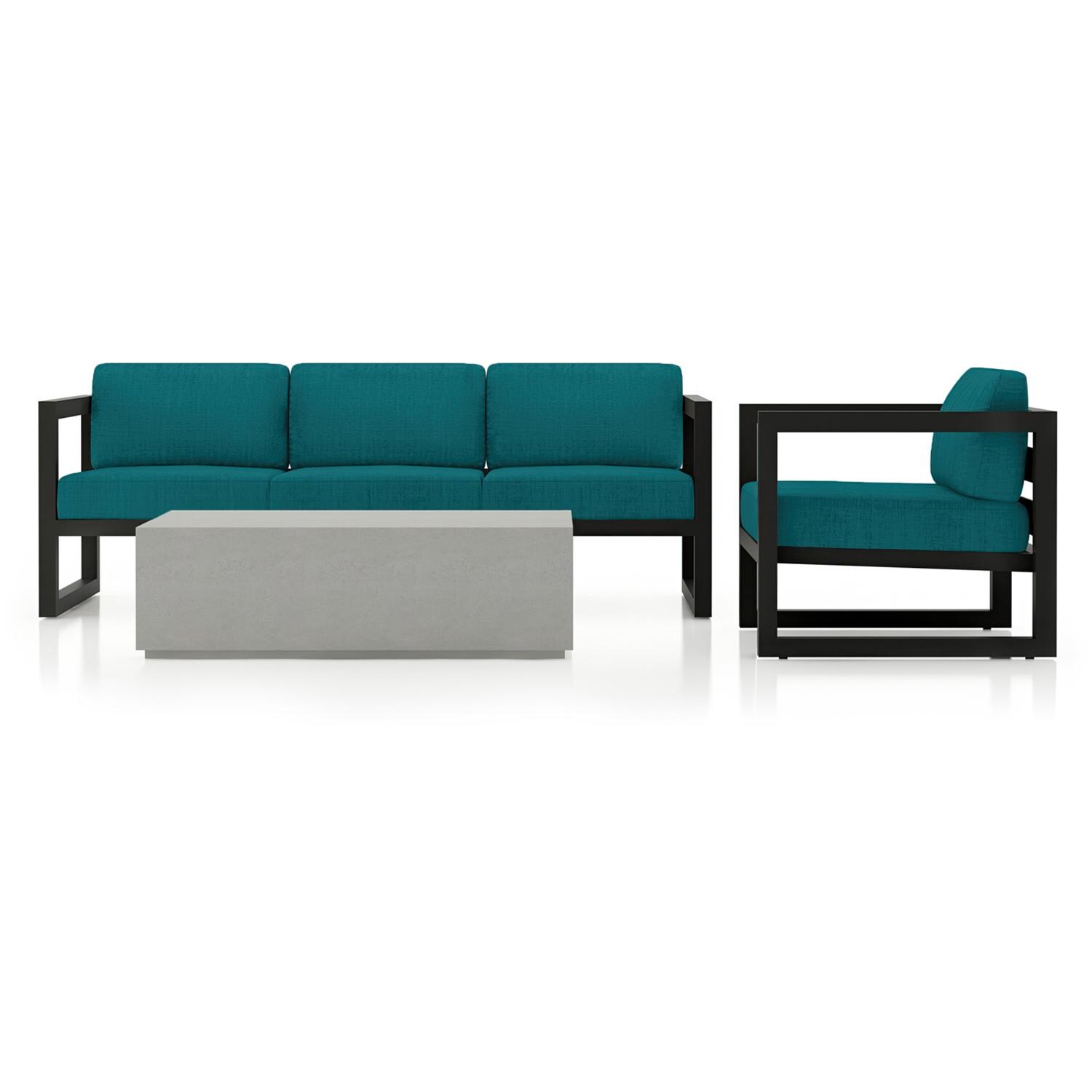 Lakeview MSTYMAS-BK-3SS-PC Misty Cove 3 Pc Aluminum Seating Set in Black w/Mason Coffee Table & Spectrum Peacock Cushions by Lakeview Outdoor Designs - Set - White Background thumbnail