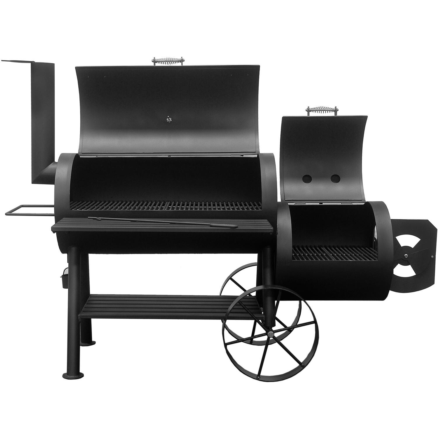 2001 - BBQ Pit Boys Yosemite Offset Charcoal Smoker - Smoker Front View With Hoods Open thumbnail