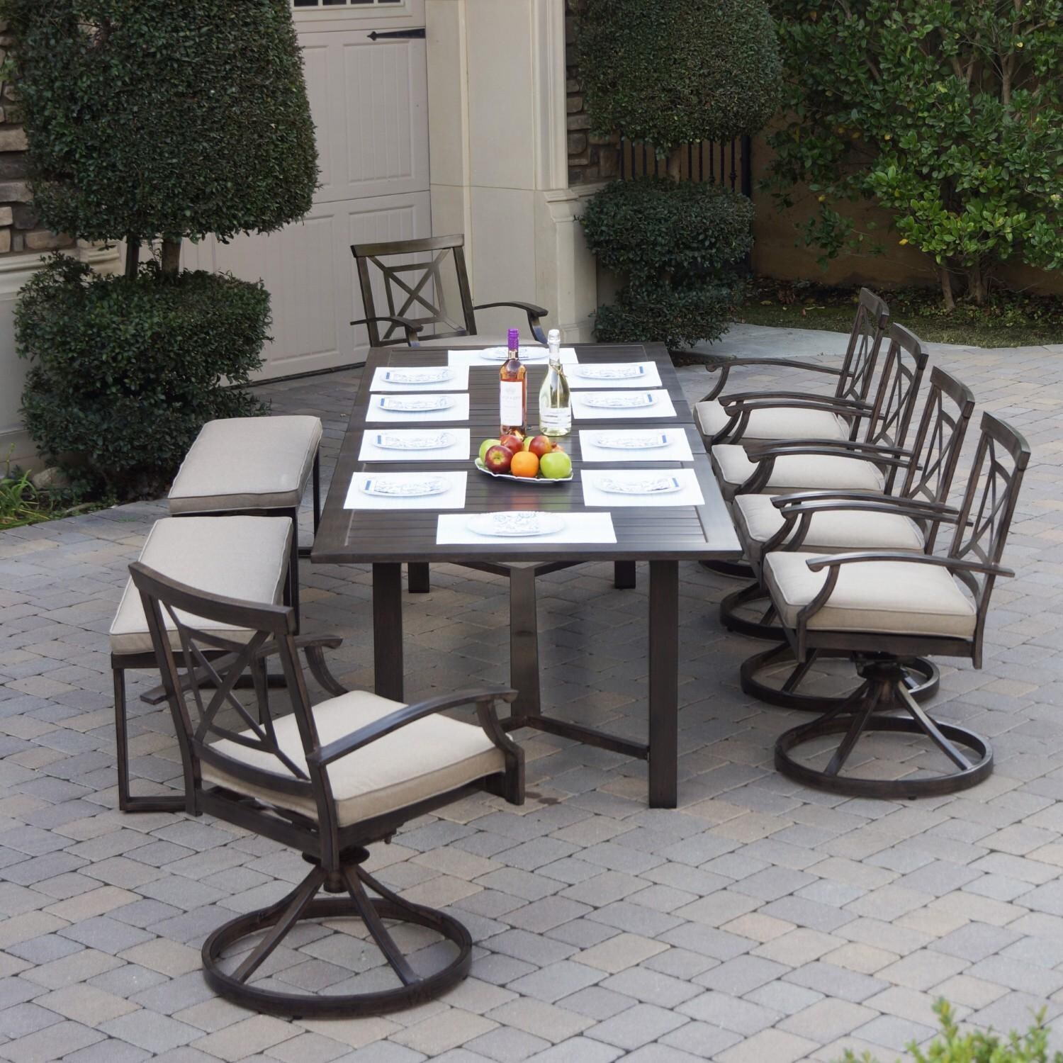 Atlantis 9 Pc Aluminum Dining Set w/ 6 Swivel Rocker Dining Arm Chairs, 2 Two Person Benches & Extension Table in Walnut/Beige by Darlee - On Patio - Lifestyle thumbnail