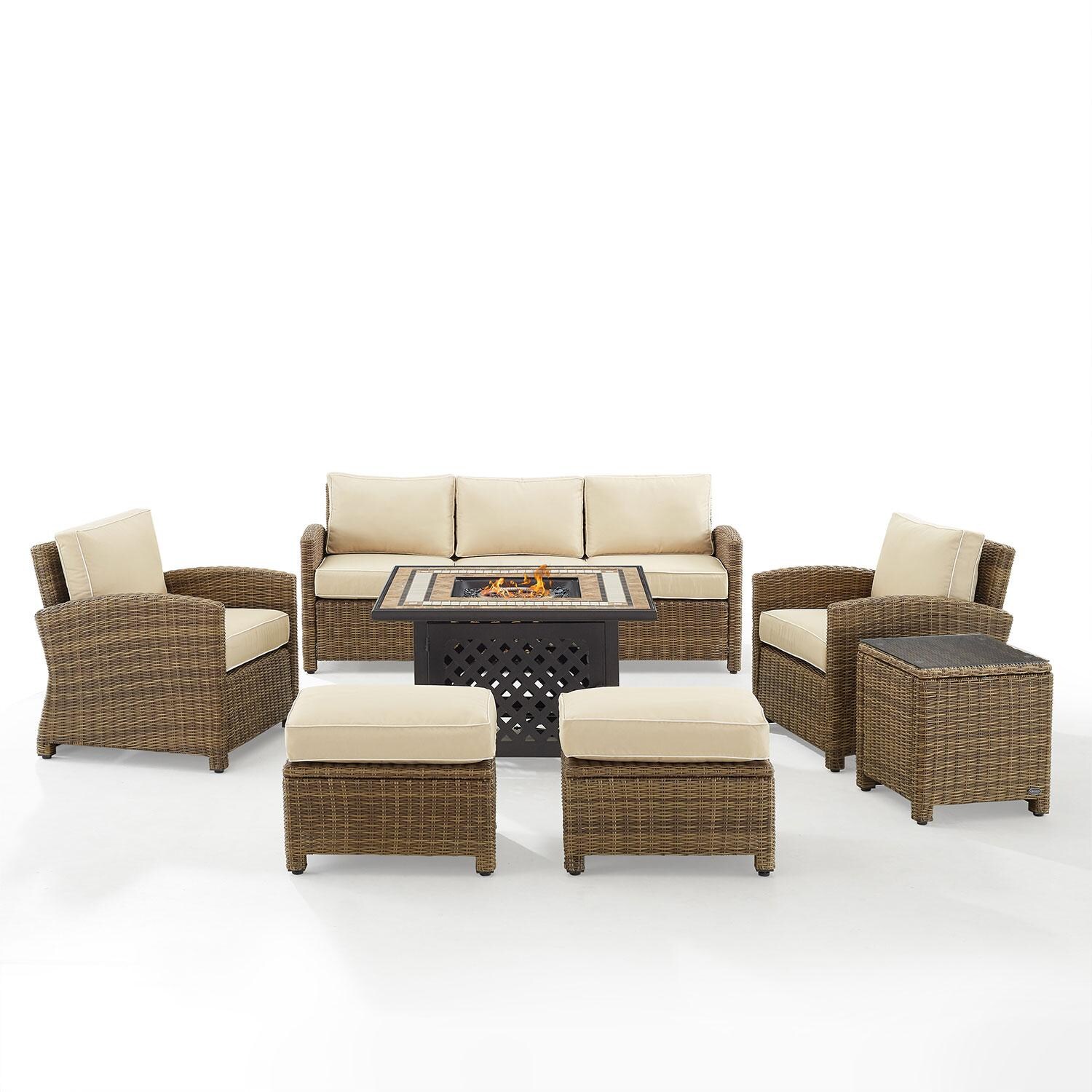 Ultimate Patio UP-92417WB-SA 6Pc Wicker Outdoor Sofa Set W/ Fire Table in Sand - Front View - White Background thumbnail