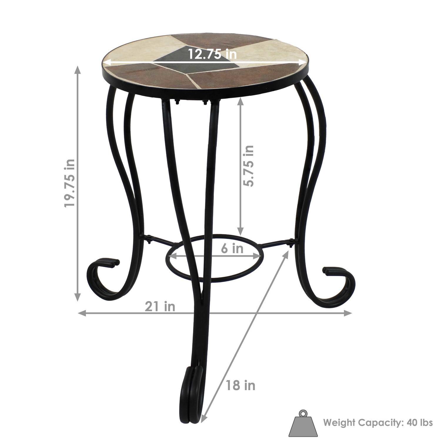Ultimate Patio 12 3/4-Inch Ceramic Mosaic Tile Side Table W Plant Stand & Steel Frame - Dimensions thumbnail
