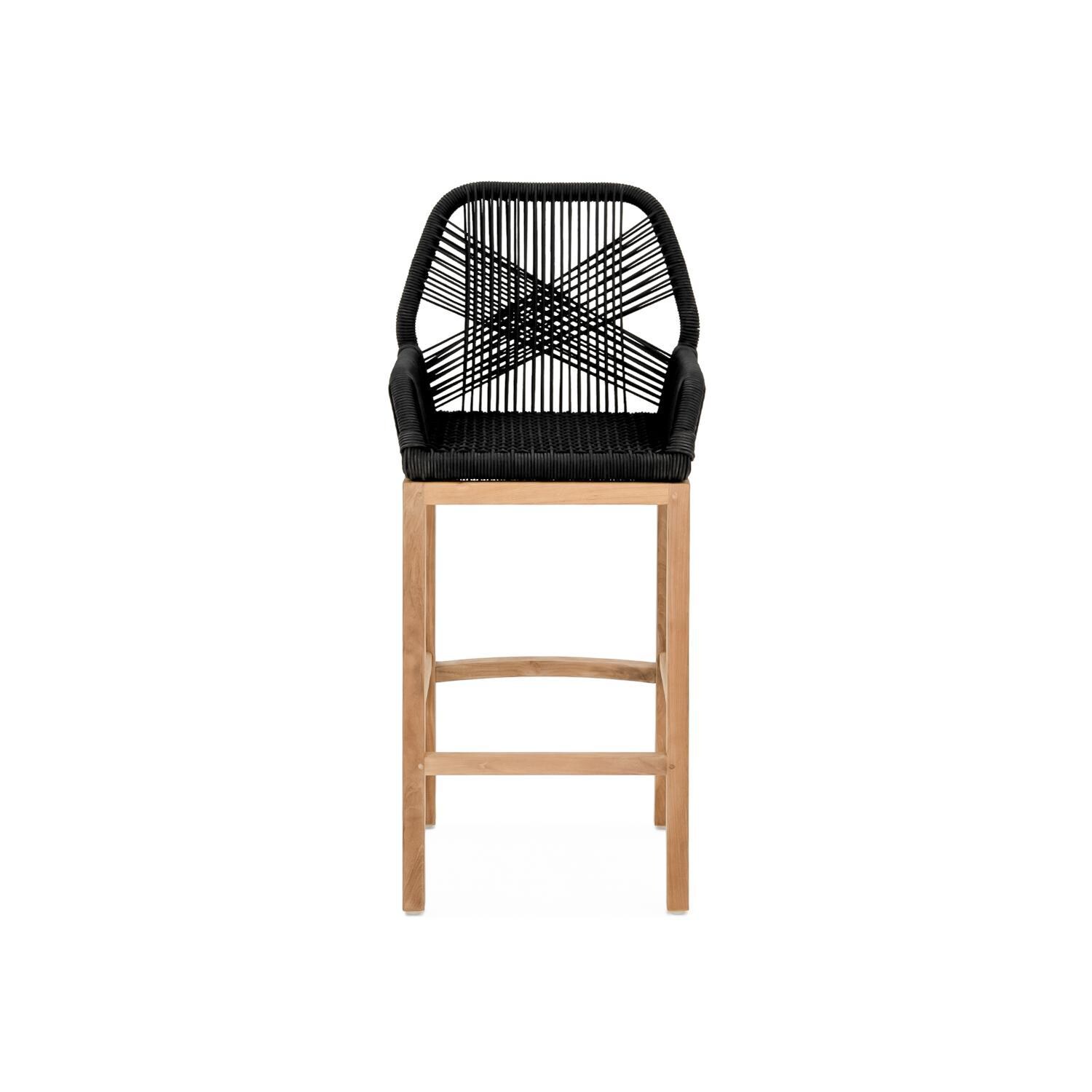Teak + Table Breeze Olefin Rope & Teak Patio Bar Stool in Charcoal - Front - White Background thumbnail