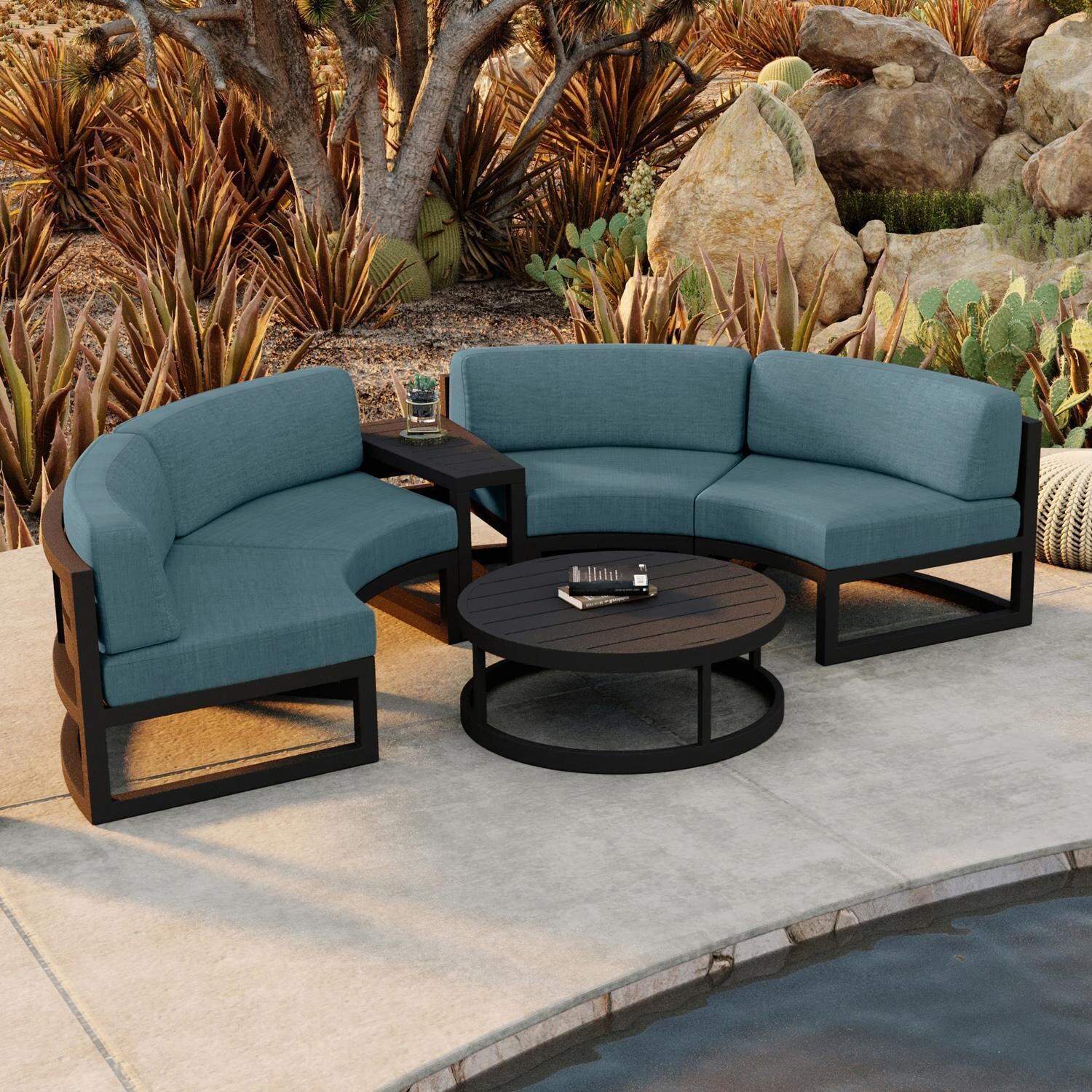 Lakeview MSTYCV-BK-4CSEC-CL Misty Cove 4 Pc Aluminum Curve Sectional Set in Black w/Coffee Table & Cast Lagoon Cushions by Lakeview Outdoor Designs - Set by the Pool From Above - Lifestyle thumbnail