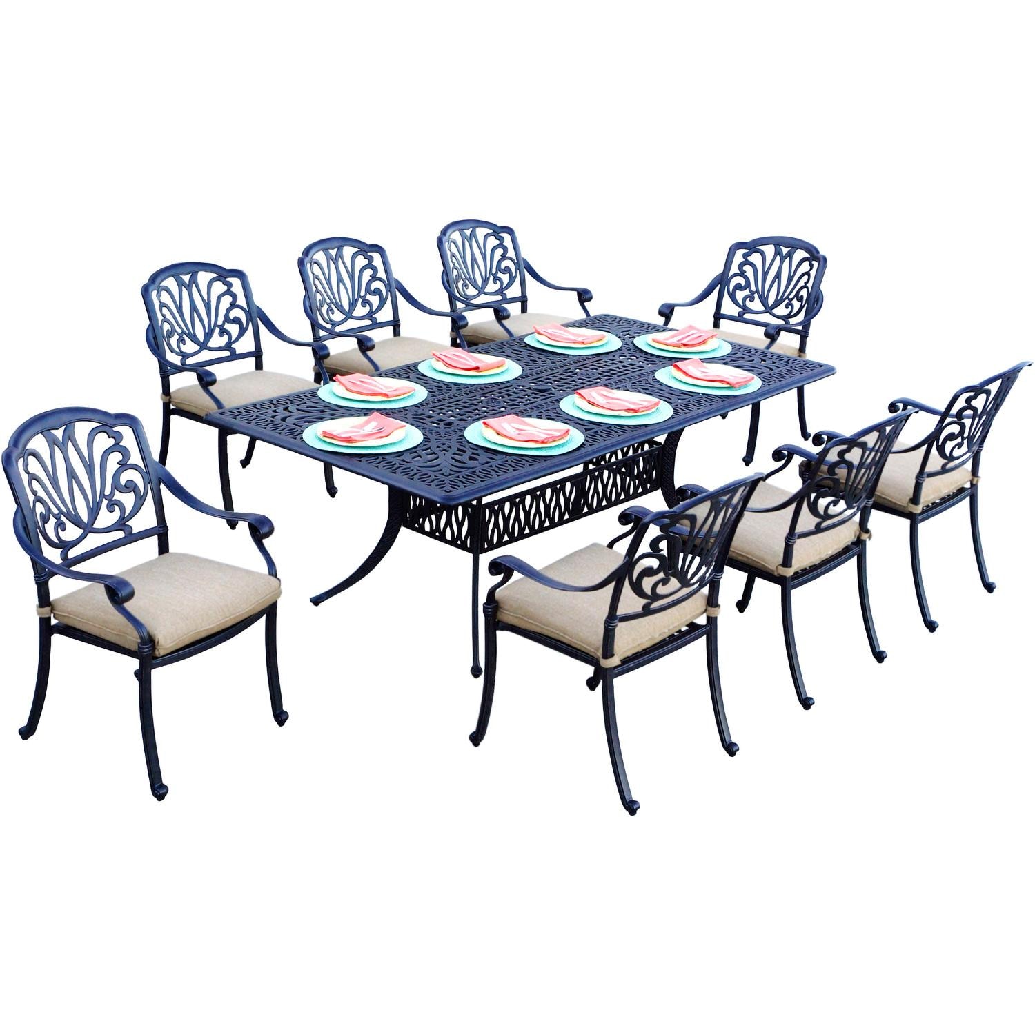 Elisabeth 9 Pc Cast Aluminum Dining Set w/ 84 X 44 Inch Table in Antique Bronze/Beige by Darlee
