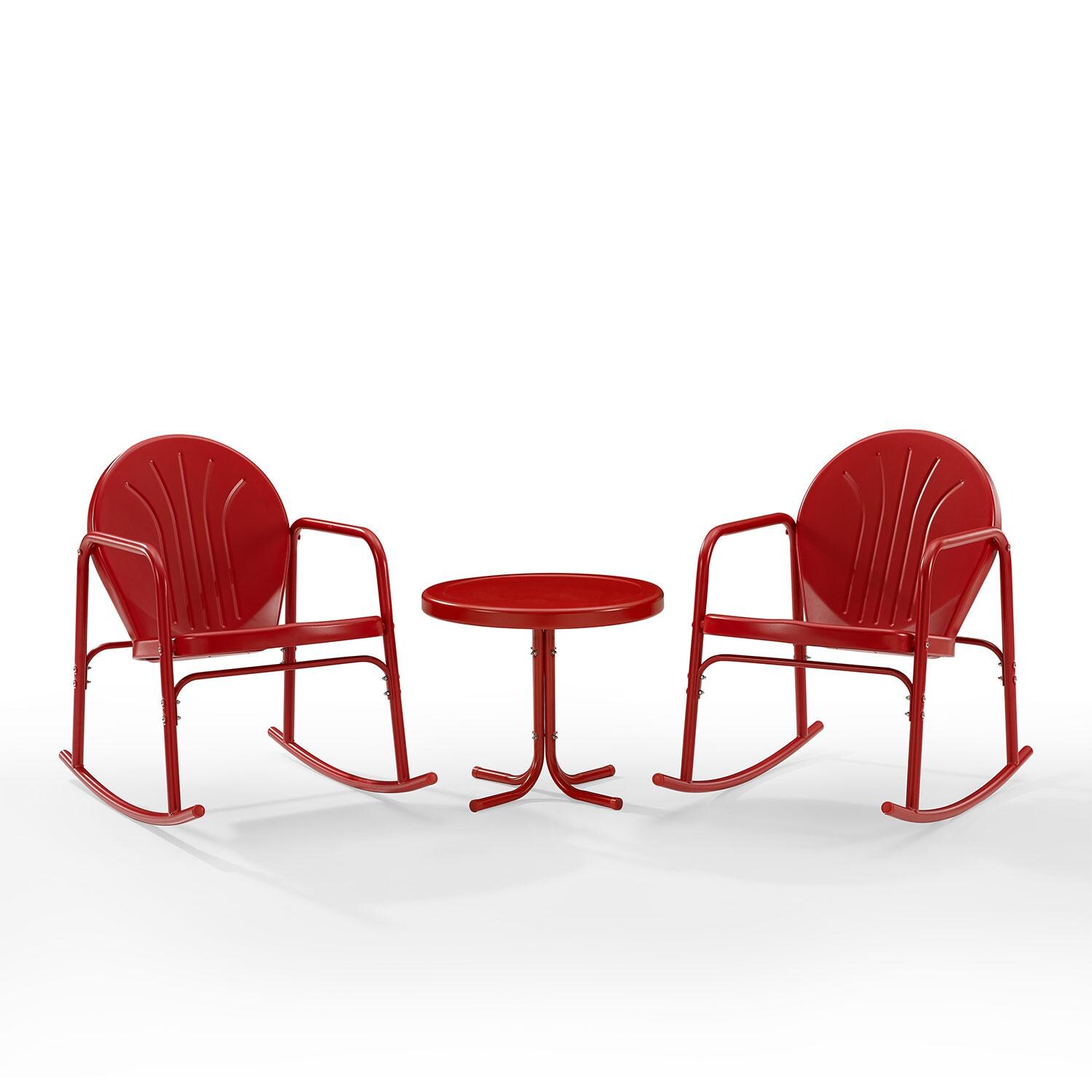 Ultimate Patio UP-32253RE 3Pc Retro Outdoor Rocking Chair Set in Red Gloss - Angled Inward - White Background thumbnail