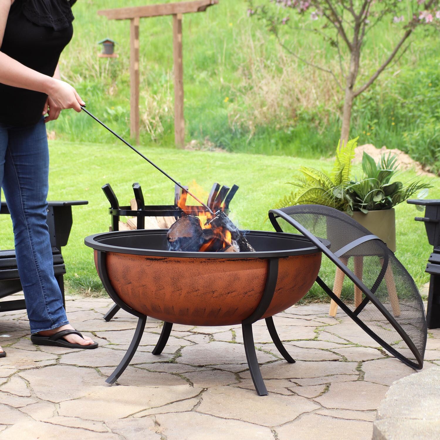 Ultimate Patio NB-550 32 Inch Round Steel Wood-Burning Fire Pit in Copper - Spark Screen Removed - Lifestyle thumbnail