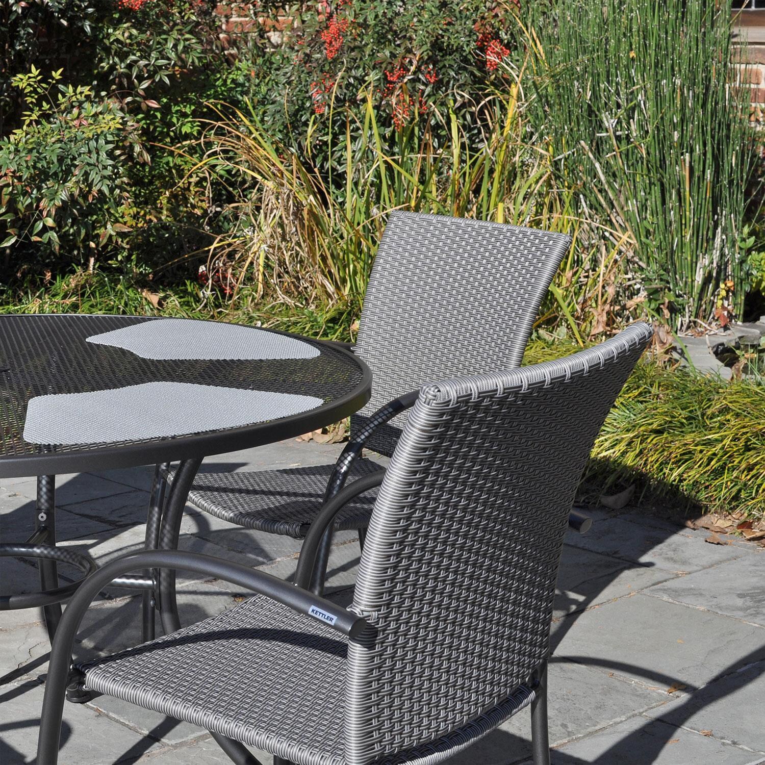 Pilano 5 Pc Aluminum/Woven Round Dining Set in Gray By KETTLER - Right-Side View - Lifestyle thumbnail