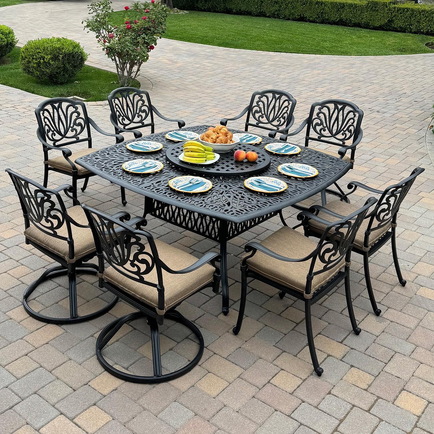 Elisabeth 10 Pc Cast Aluminum Dining Set w/ Swivel Rockers & Lazy Susan in Antique Bronze by Darlee - Lifestyle thumbnail